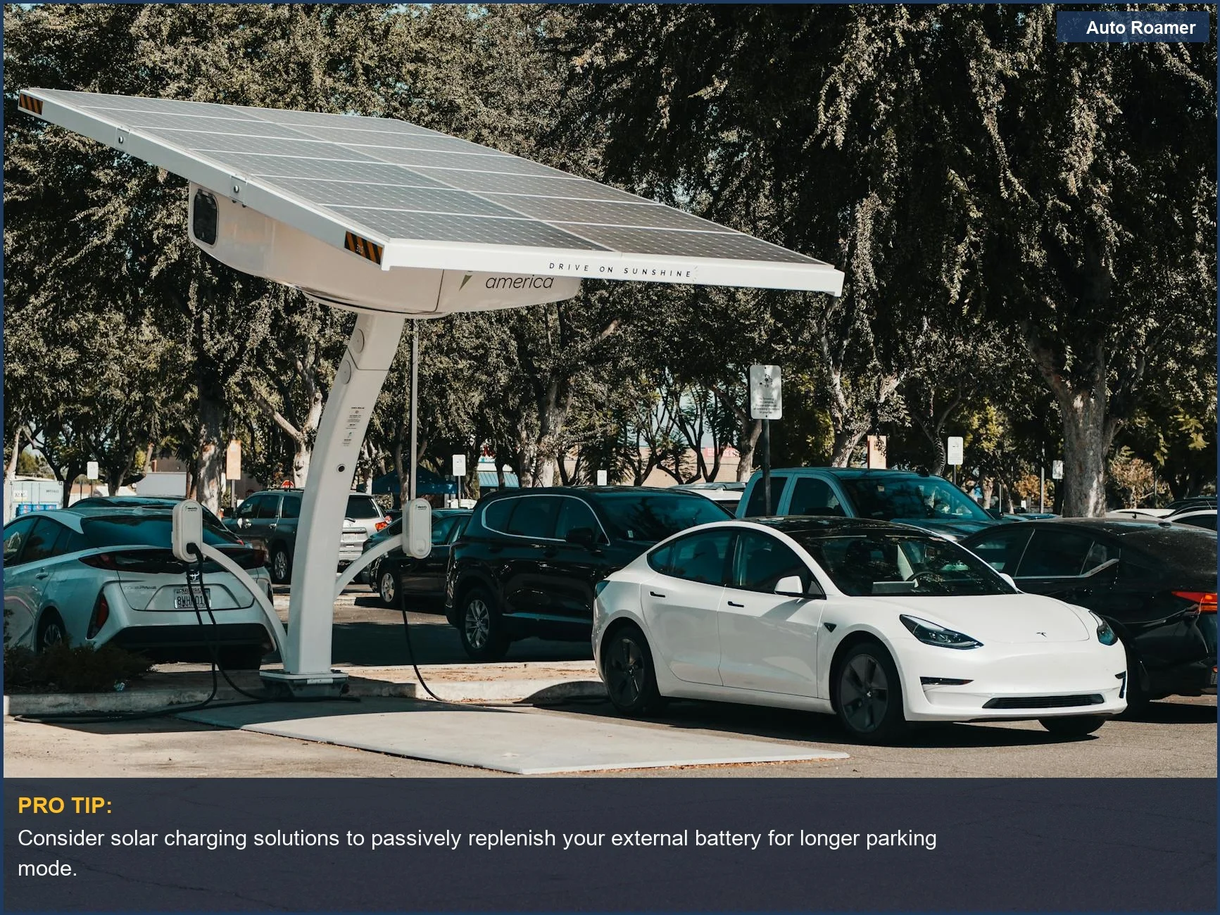 Electric car charging at an outdoor solar station, illustrating sustainable power for dash cam external battery duration.