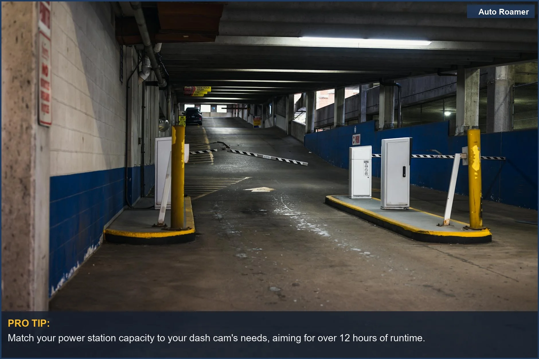 Dimly lit underground parking garage entrance ramp, where dash cam battery life is crucial.