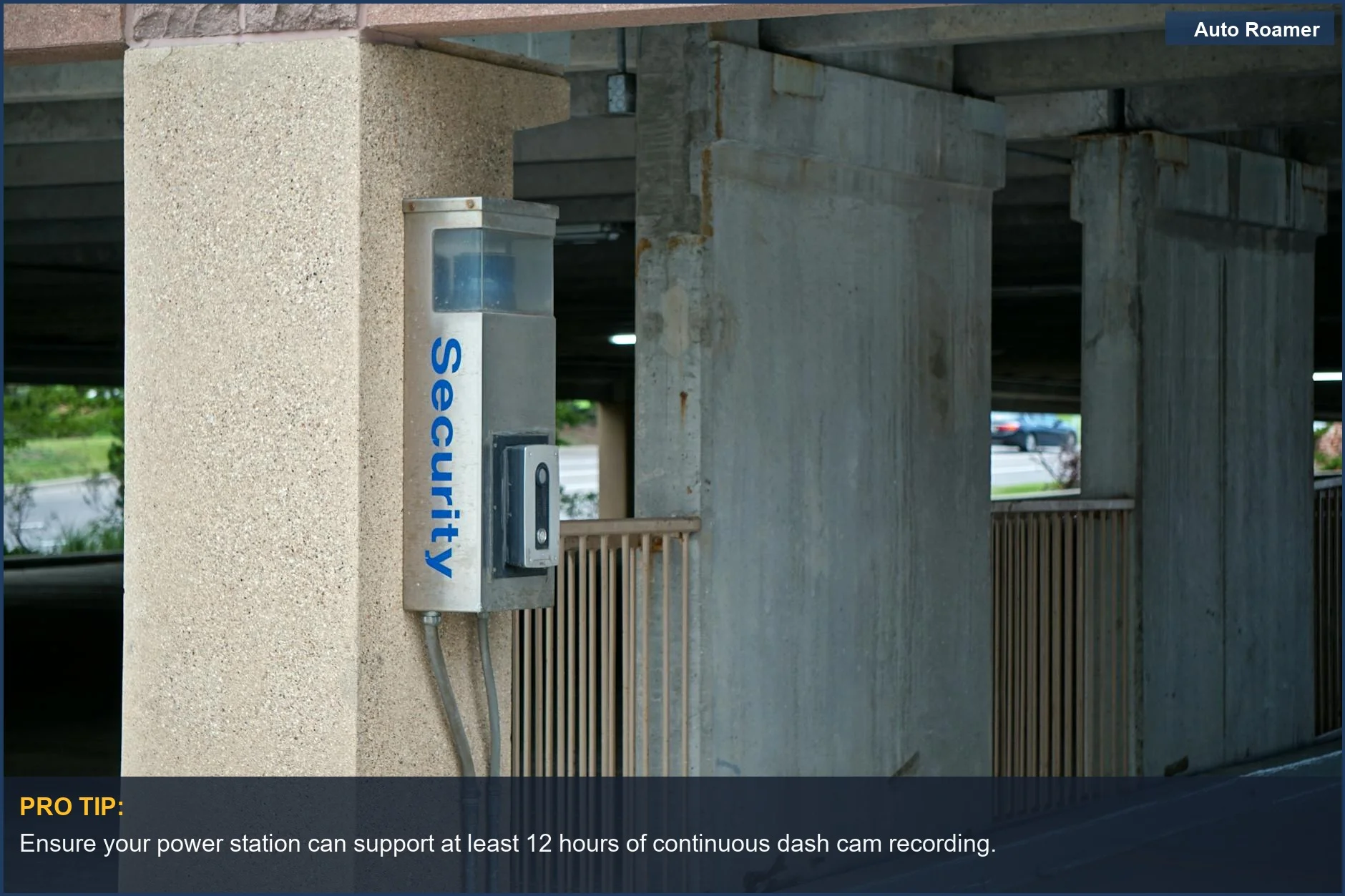 Enhance vehicle security with a mounted dash cam in a parking garage for extended power station runtime.
