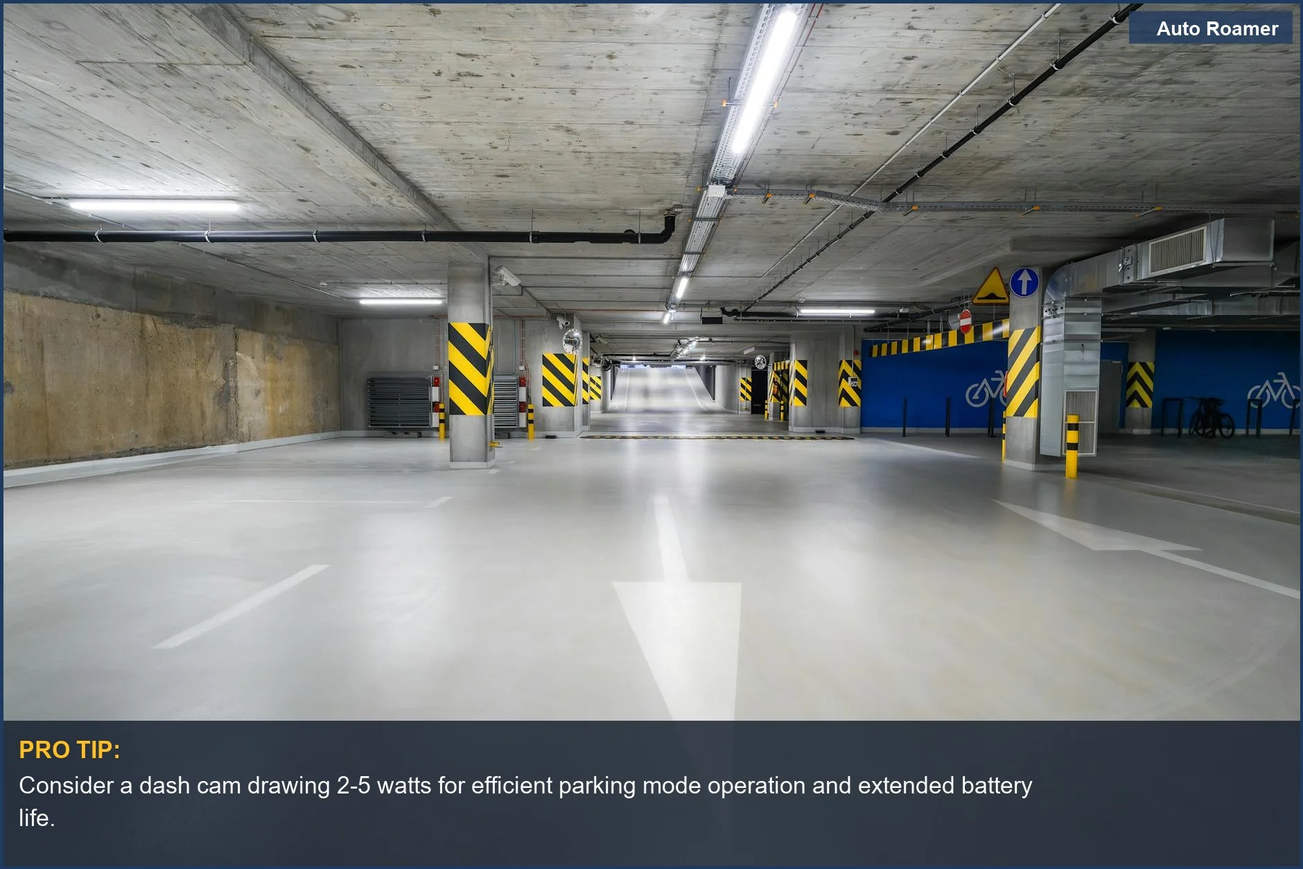 Explore a well-lit underground parking garage, highlighting the need for reliable dashcam parking mode power.