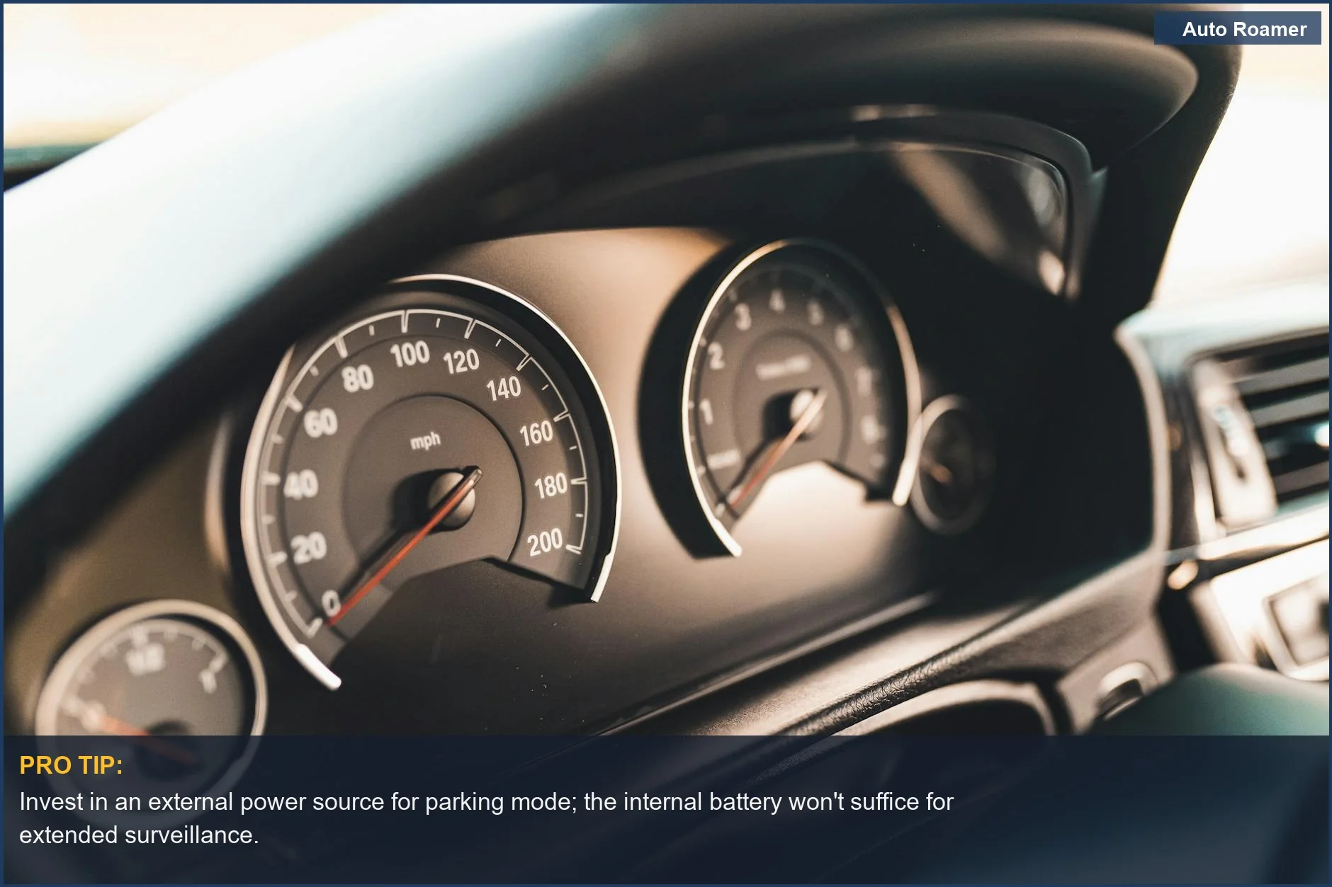 Detailed view of automotive dashboard gauges, relevant to dash cam charge time discussions.