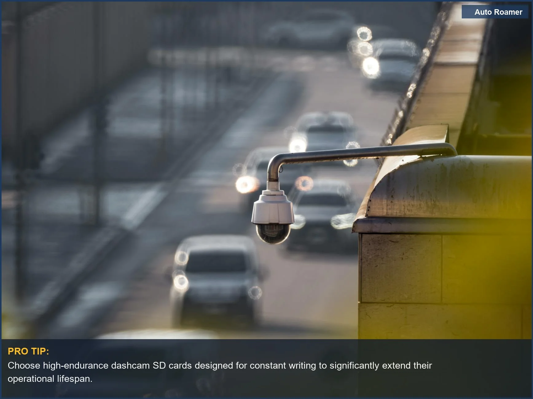 Busy city street with a security camera, illustrating the importance of reliable dashcam memory card lifespan for evidence.