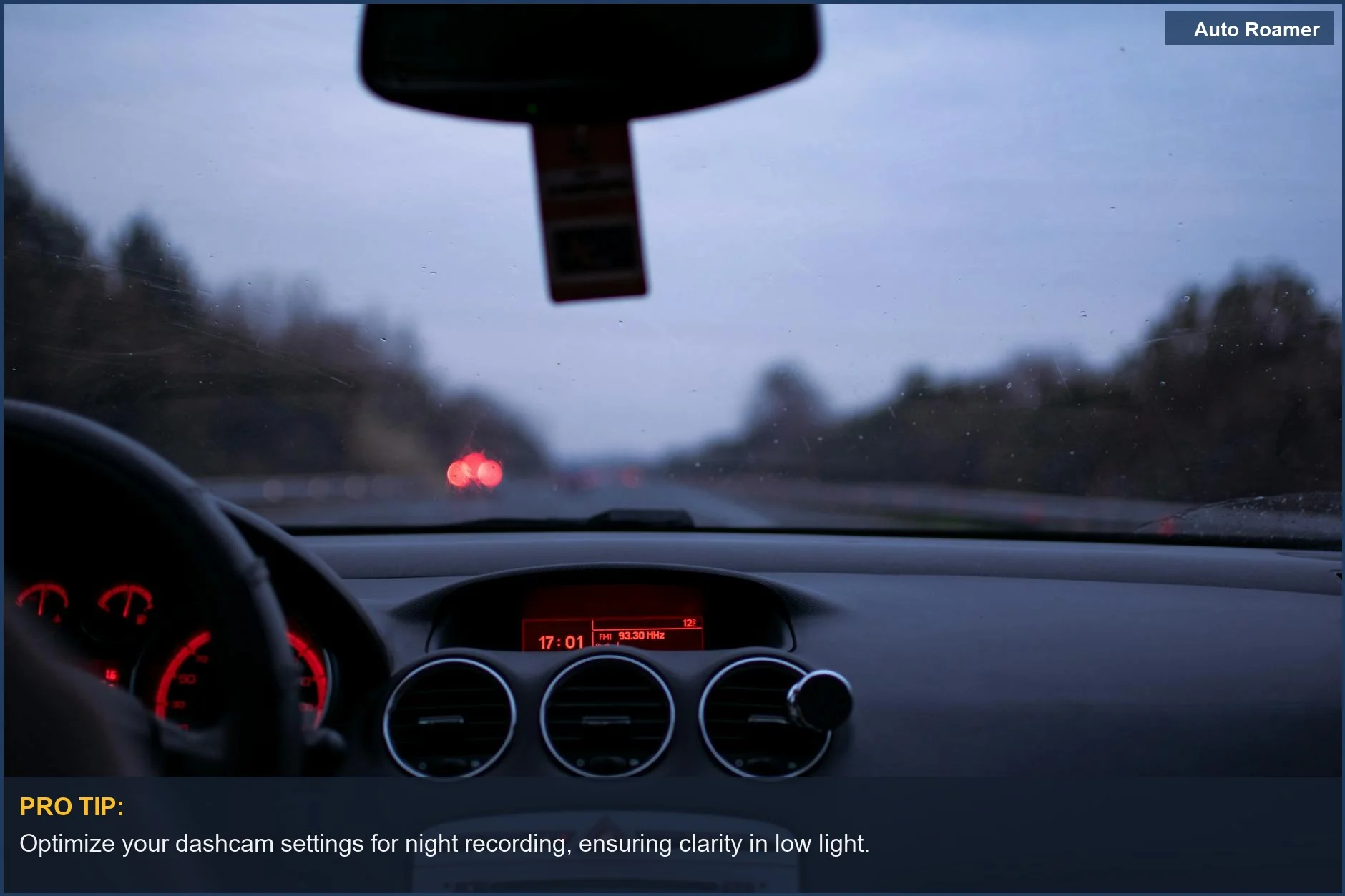 Twilight highway view from car dashboard, illustrating recording conditions for dashcams.
