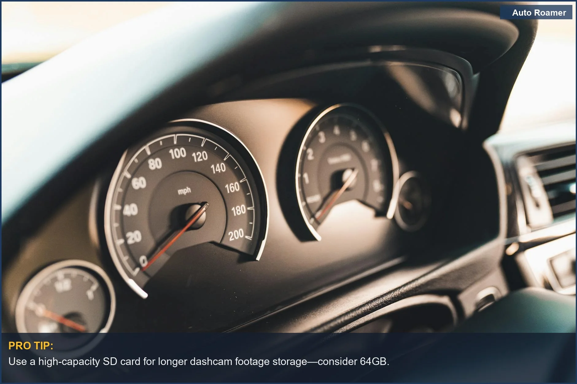 Close-up of car dashboard featuring speedometer, emphasizing video recording impacts.