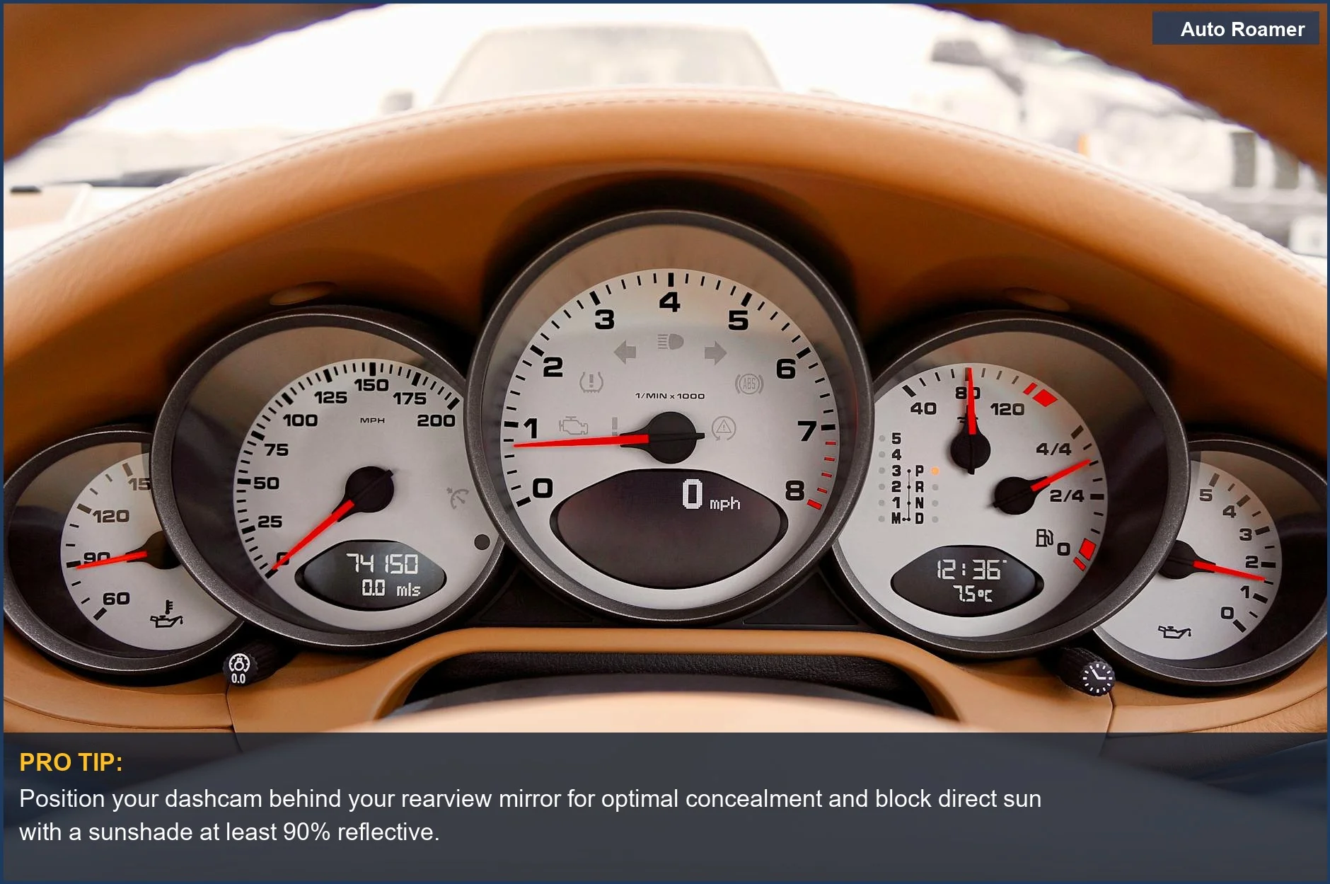 Car dashboard with speedometer and gauges showing recording time for dashcams.