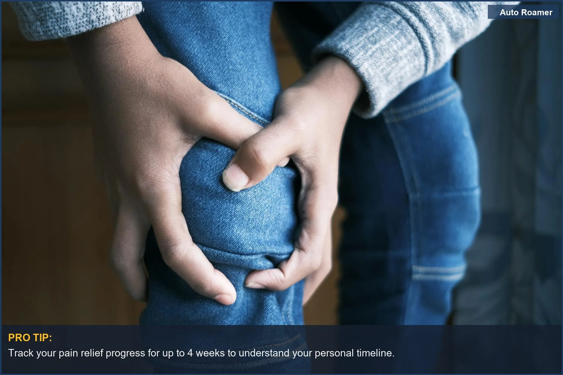Close-up of hands holding knee in jeans, demonstrating pain, part of a pain relief timeline.