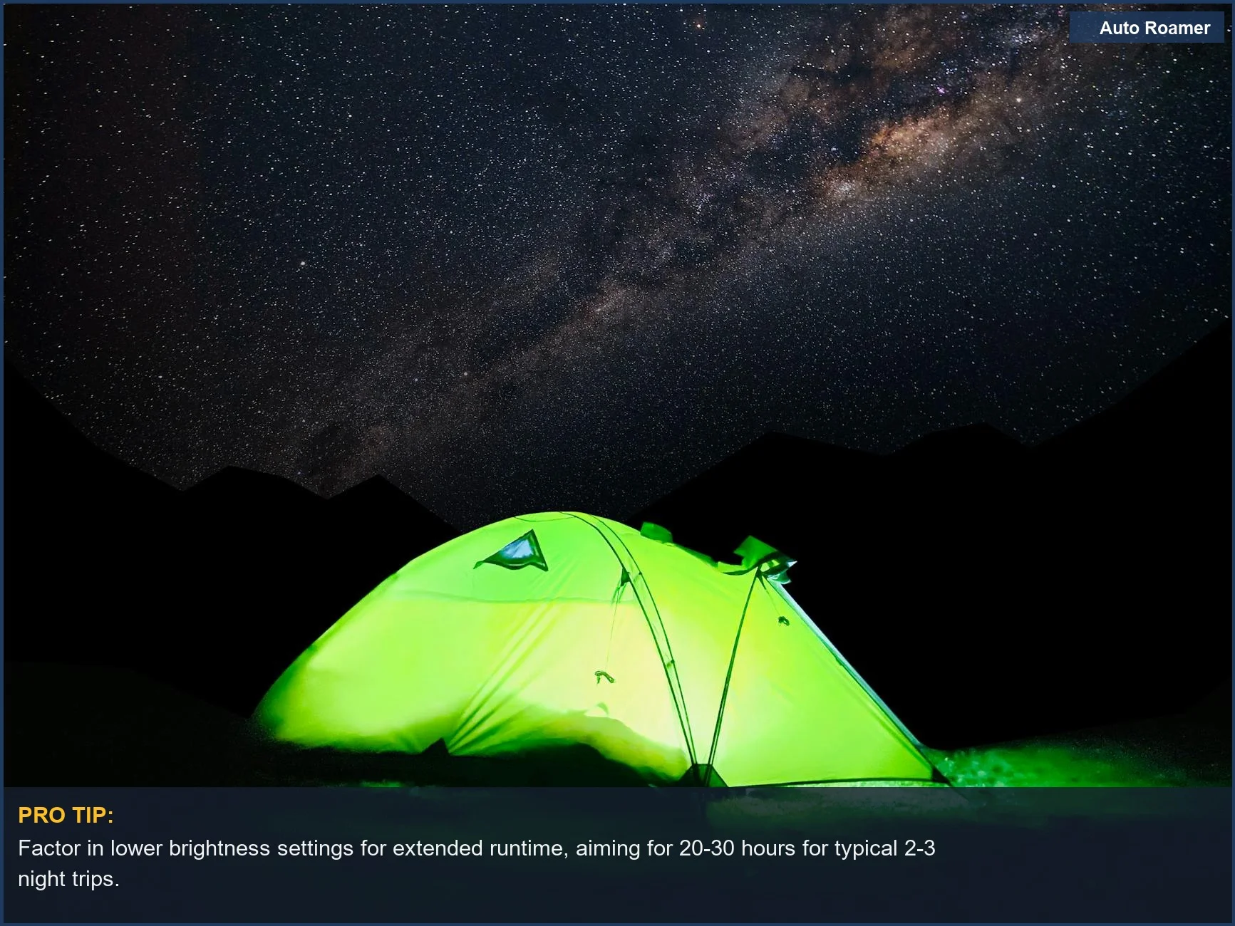 Glowing green tent under Milky Way sky, emphasizing rechargeable lantern runtime for extended car camping.