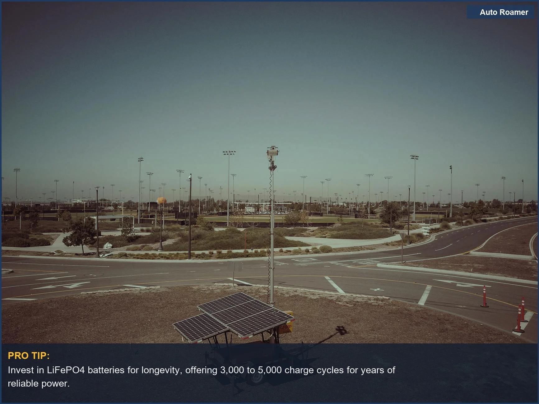 Mobile solar power unit in an open field, capturing clean energy for extended solar generator battery life.