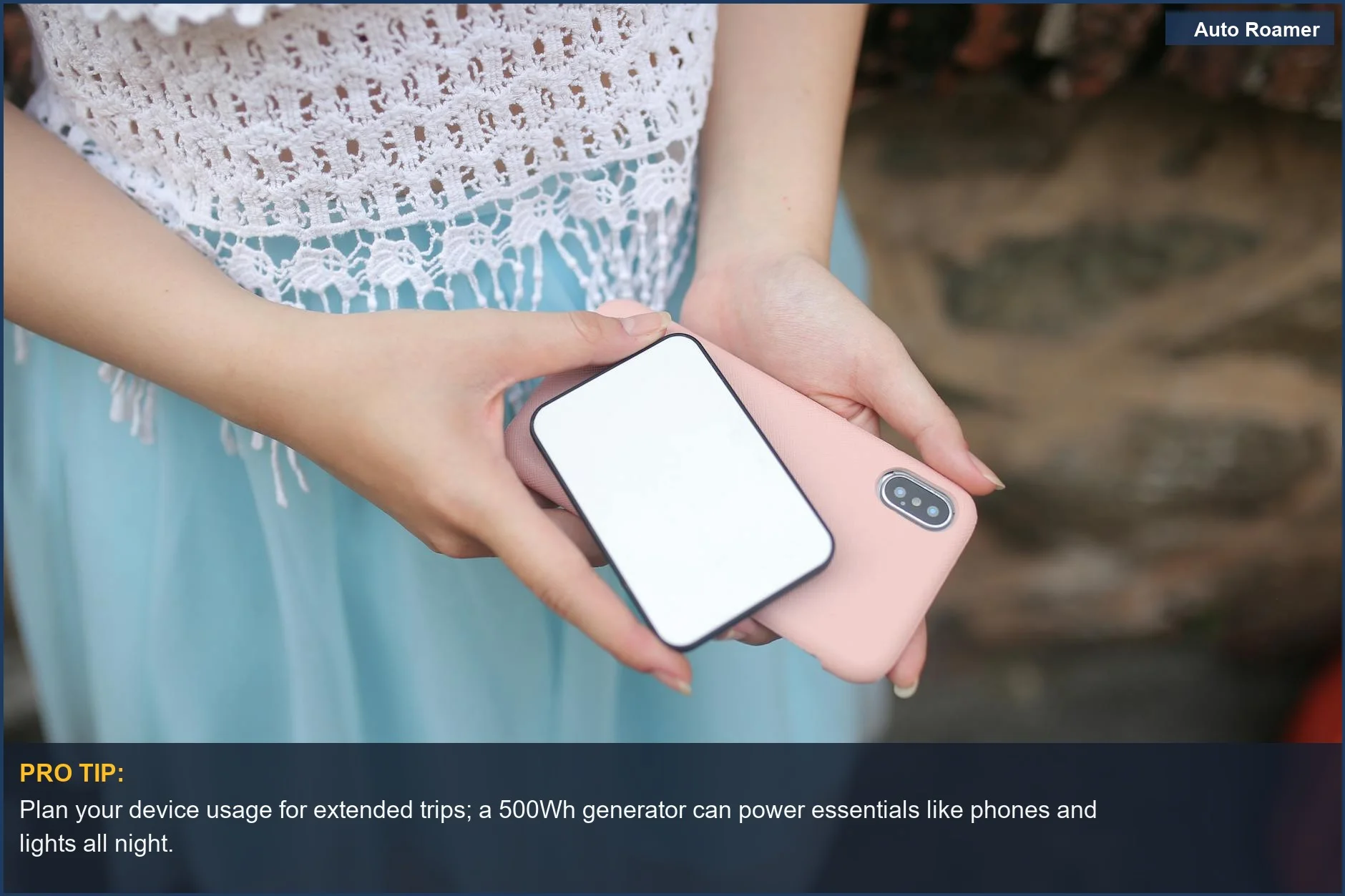 Woman holding a smartphone and power bank, illustrating connectivity and planning for car camping power duration.