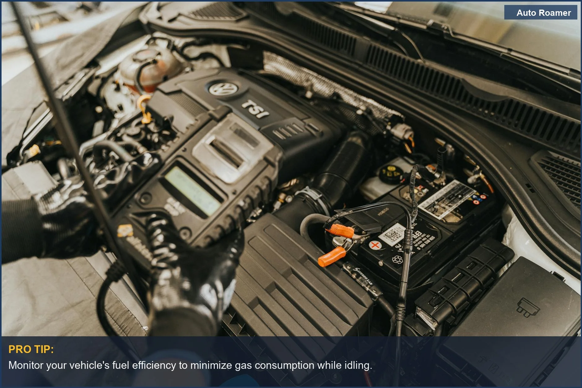 Close-up of mechanic diagnosing a Volkswagen engine with tools, assessing fuel usage.