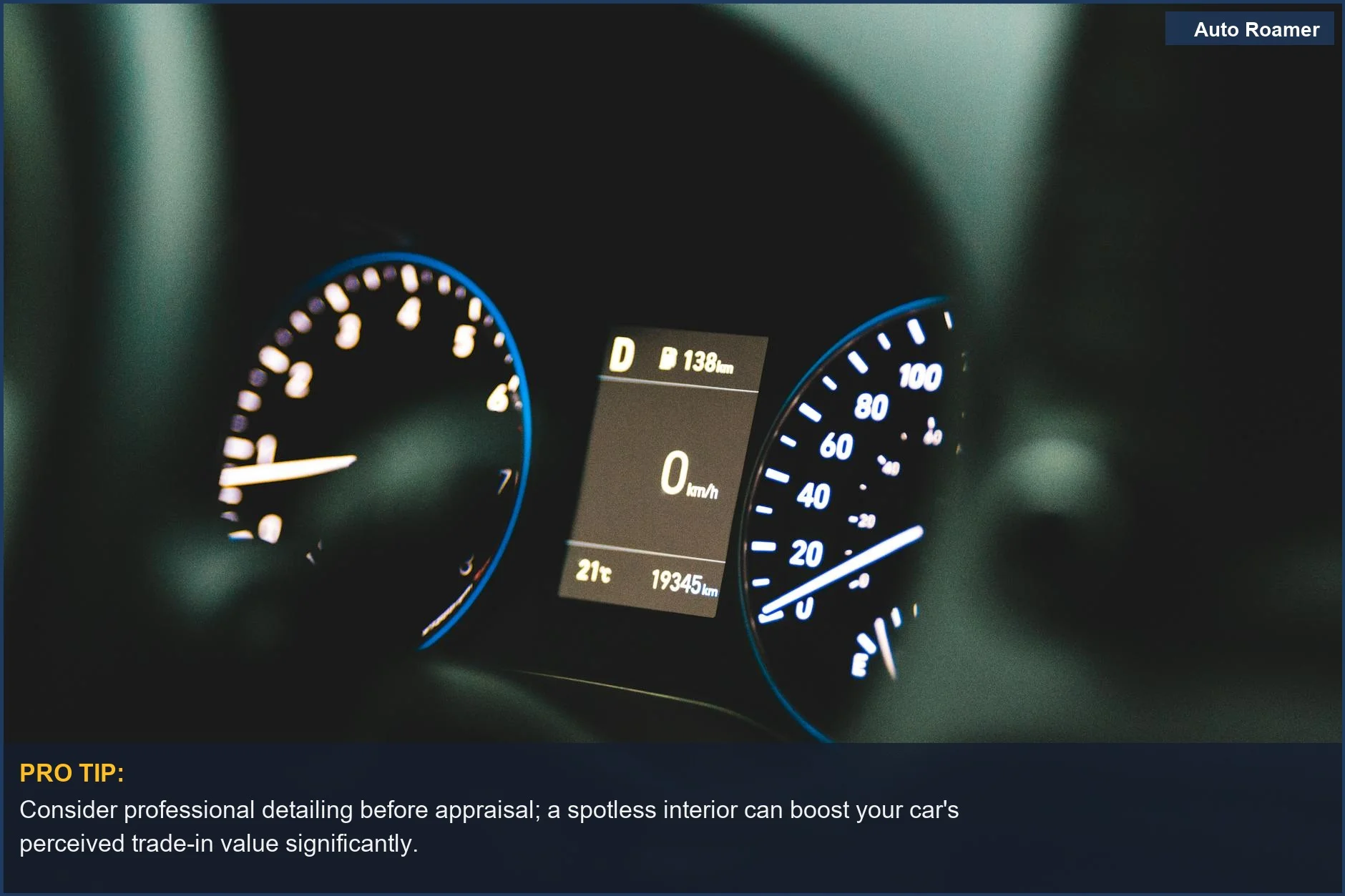 Detailed view of a car's high-tech dashboard controls and speedometer, vital for assessing its true used car value.