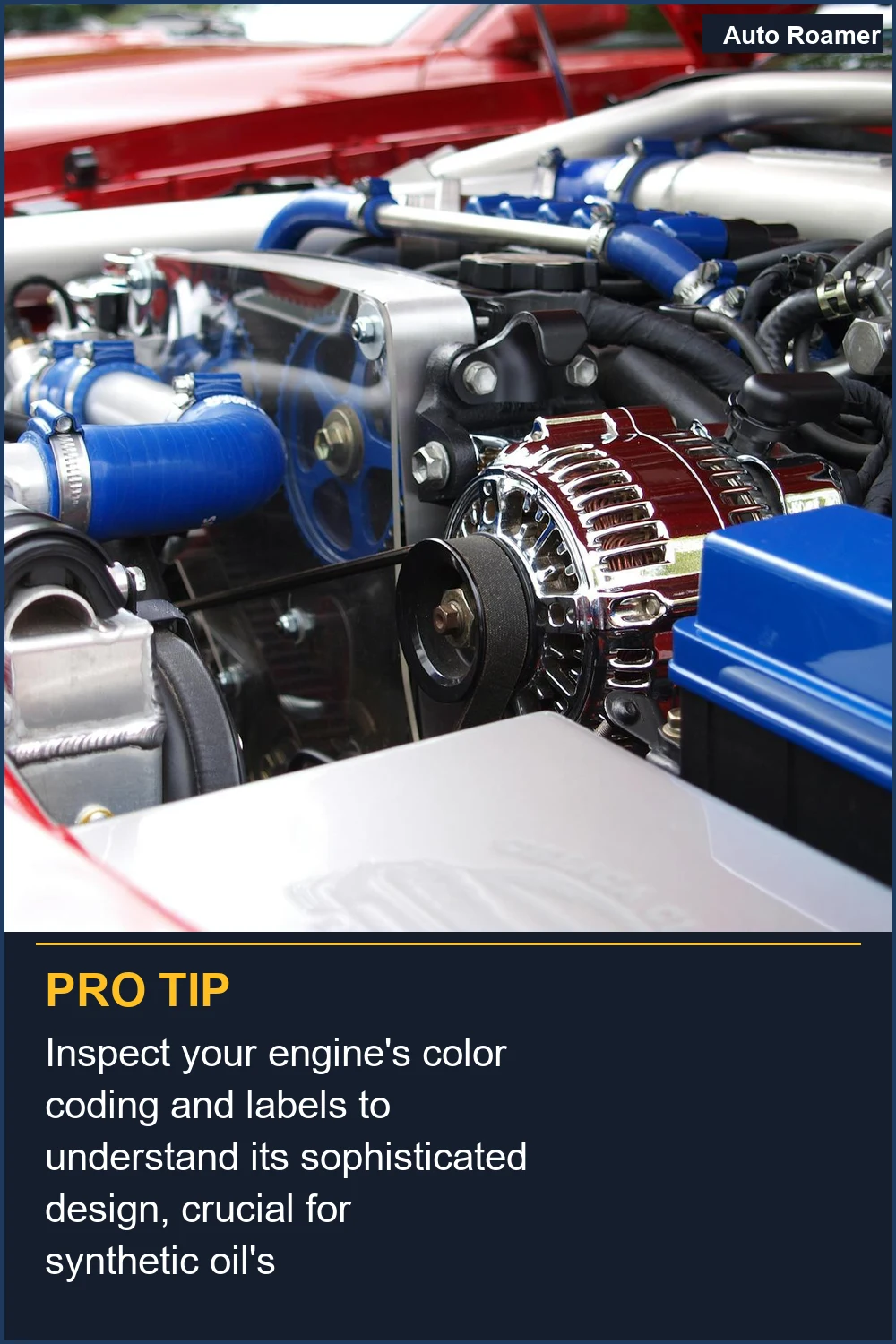Inspecciona la codificación por colores y las etiquetas de tu motor para comprender su diseño sofisticado, crucial para la efectividad del aceite sintético.
