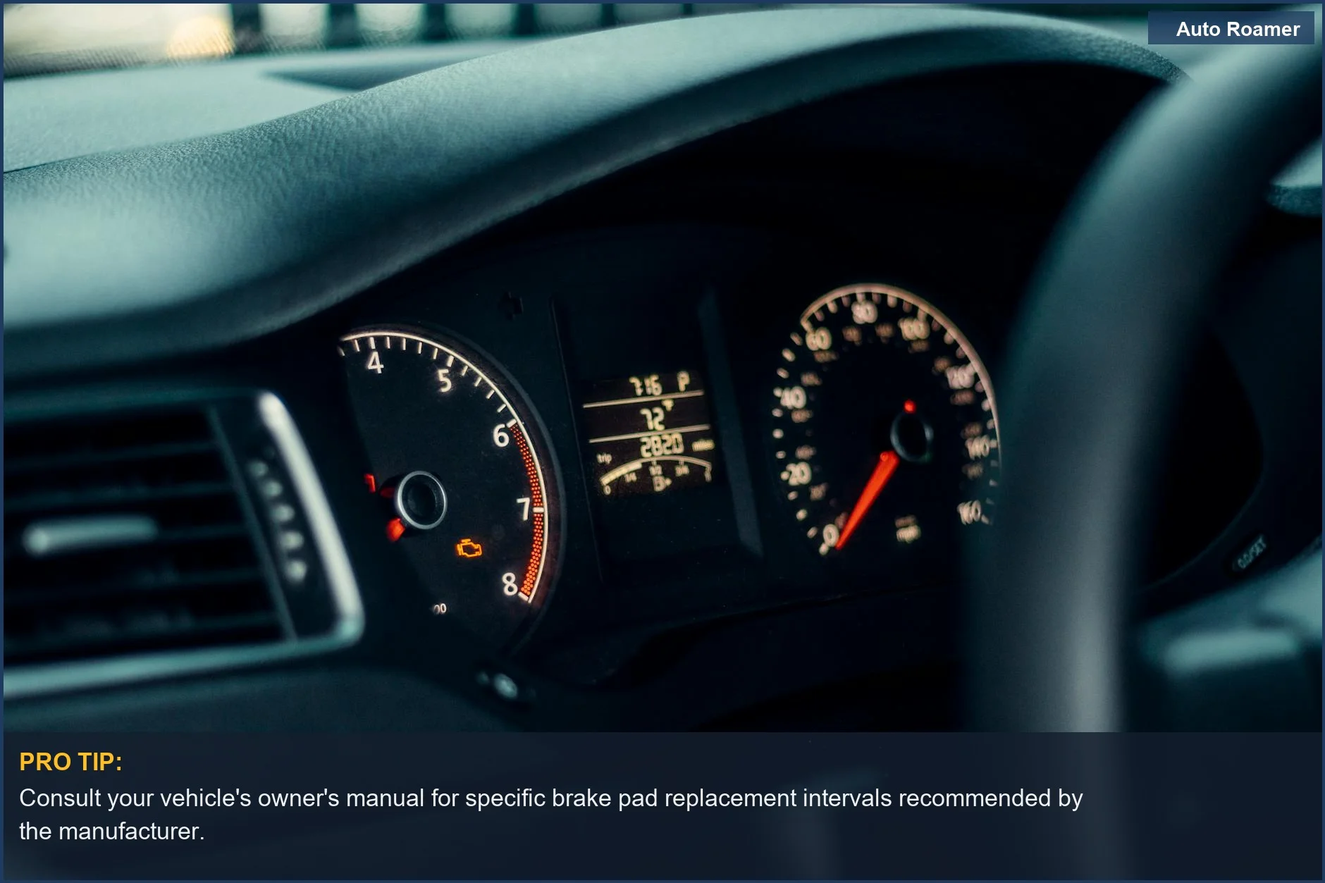 Illuminated car dashboard gauges and speedometer, essential for monitoring vehicle performance and brake pad wear.