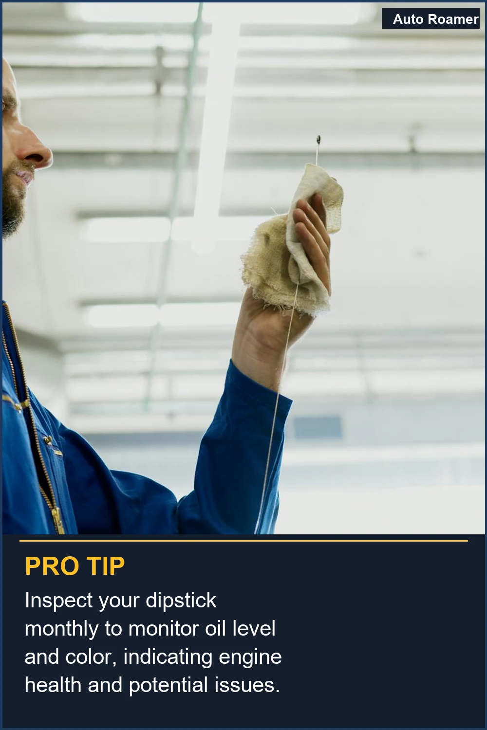 Inspect your dipstick monthly to monitor oil level and color, indicating engine health and potential issues.