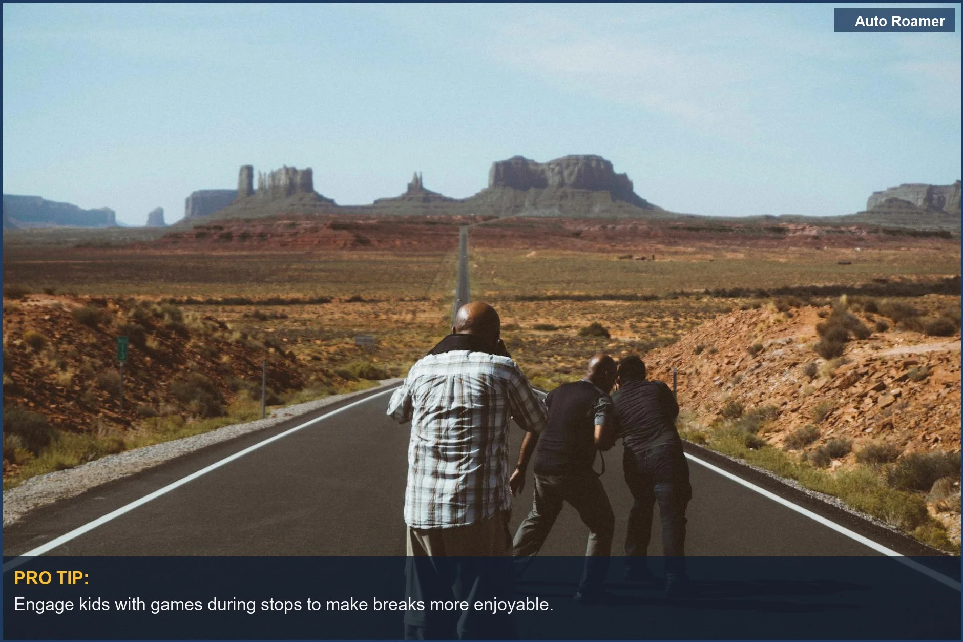 Group of friends capturing memories on a scenic road trip in Monument Valley with kids.