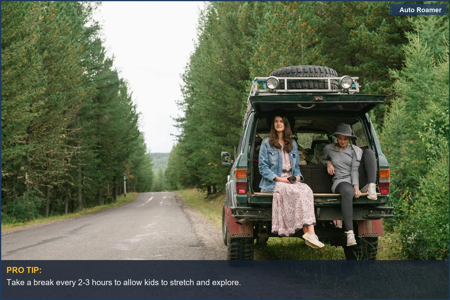 Two women enjoying nature by an SUV parked on a forest road during a family trip.