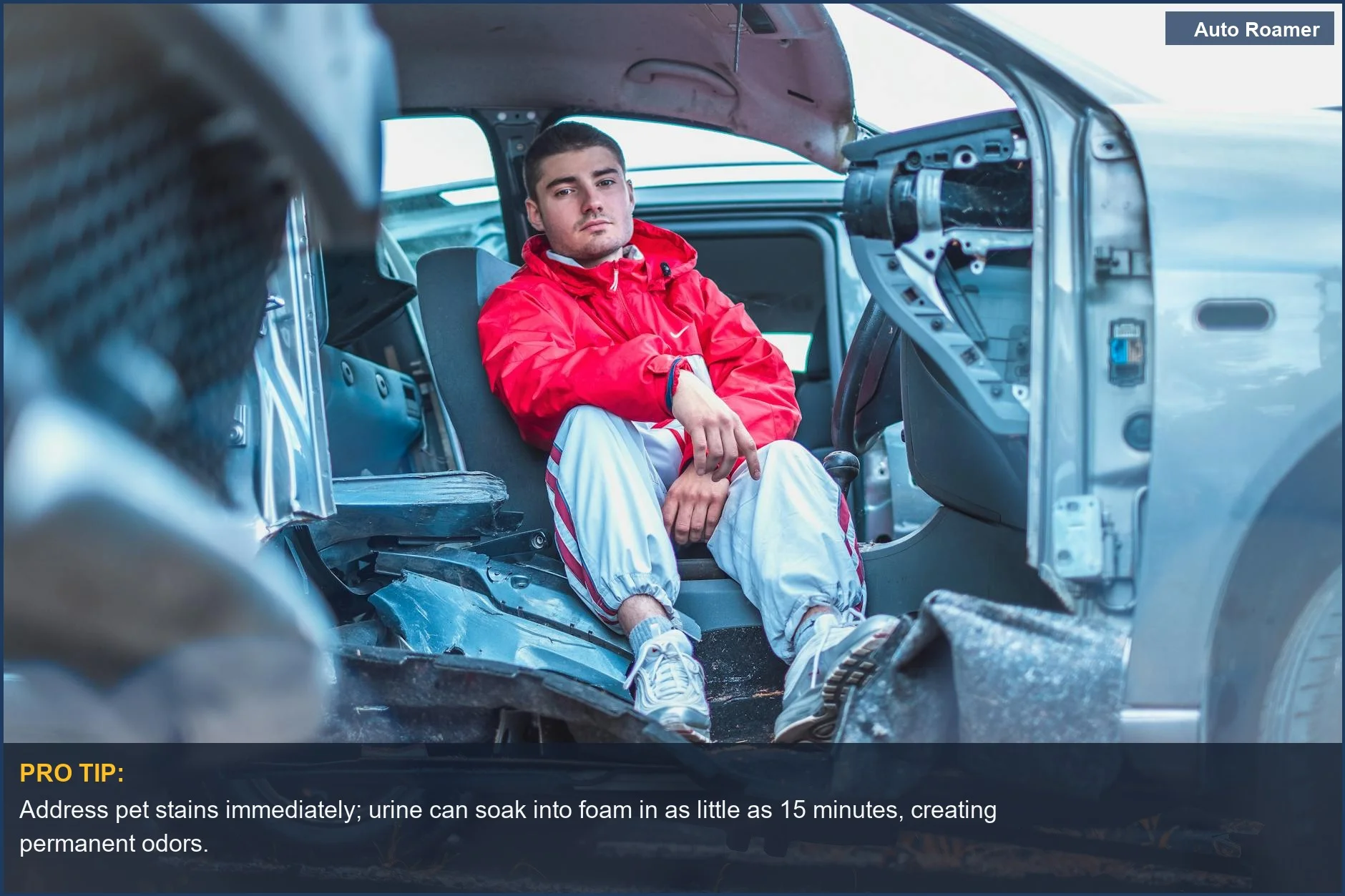 Man in red jacket inside a car, a visual metaphor for the lasting impact of pet accidents on vehicle upholstery.