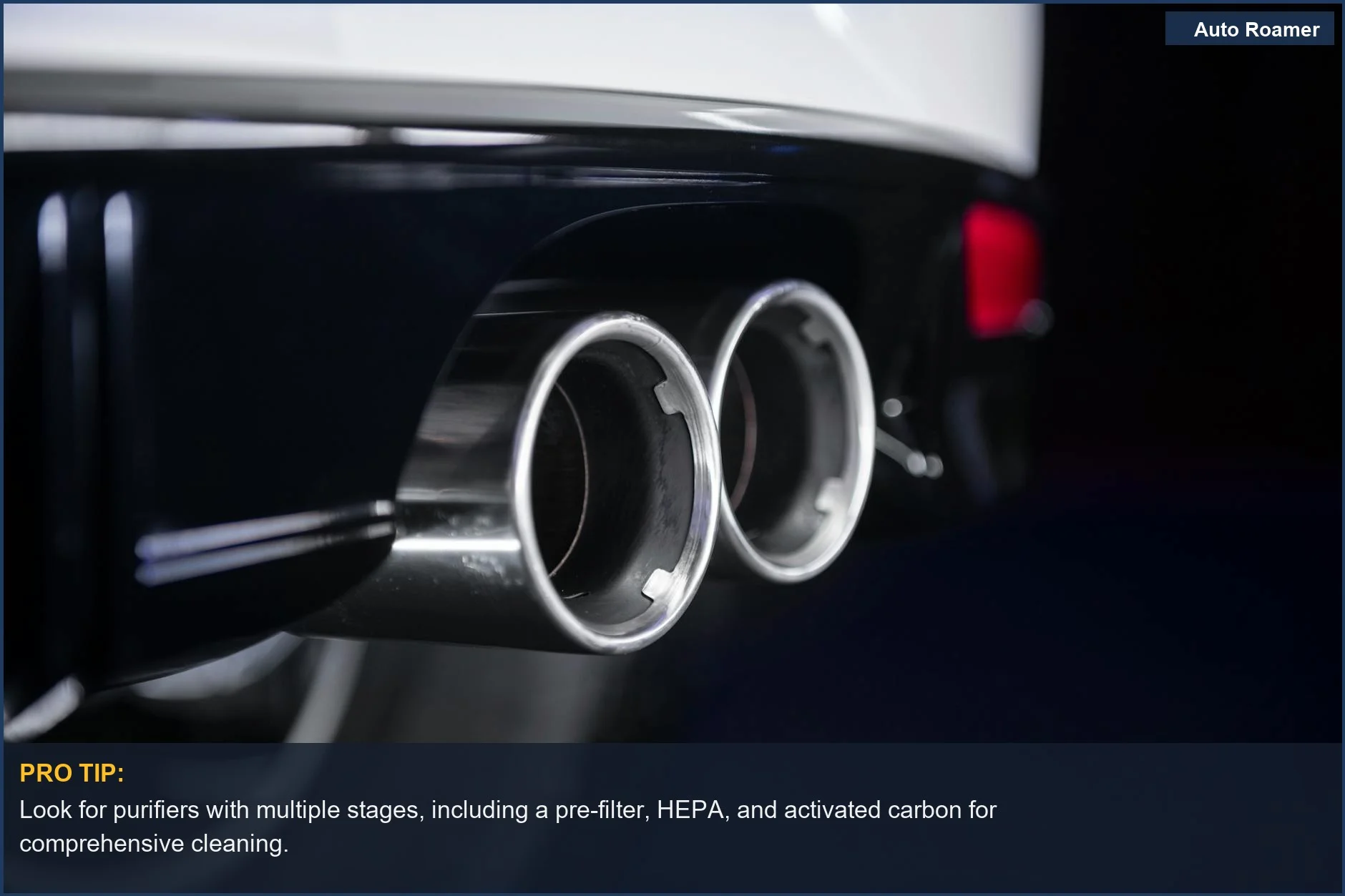 Detailed view of a chrome twin exhaust on a modern vehicle, a source of air pollution.