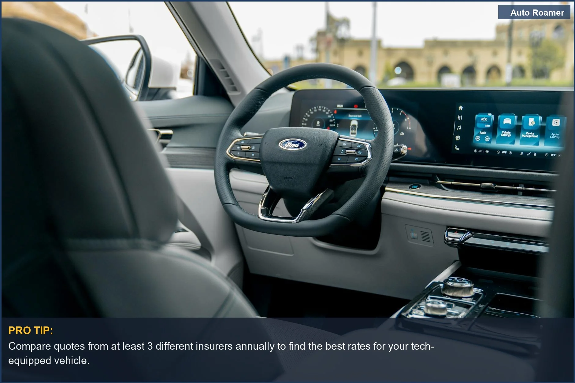 Sleek, modern car interior with a digital dashboard, highlighting expensive tech components affecting insurance.