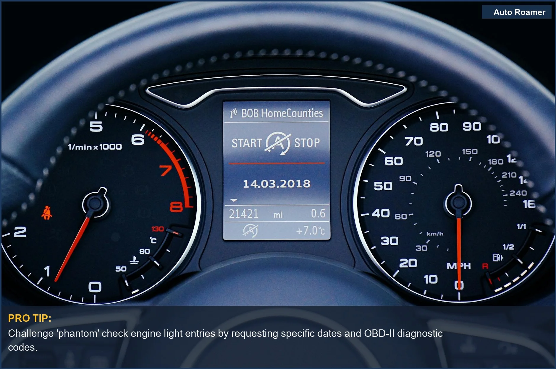 Primer plano del tablero de un coche con velocímetro y pantalla digital, mostrando cómo el registro de coches inteligentes influye en los informes del historial del vehículo.