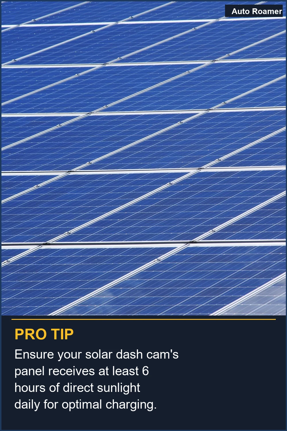 Ensure your solar dash cam's panel receives at least 6 hours of direct sunlight daily for optimal charging.