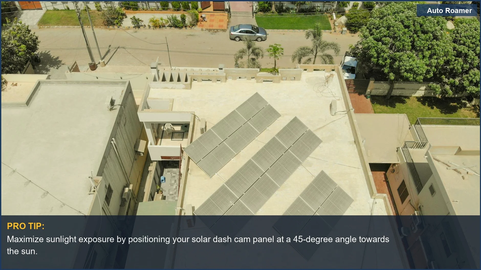 Urban rooftop solar panels generating clean energy, illustrating solar dash cam technology in cities.