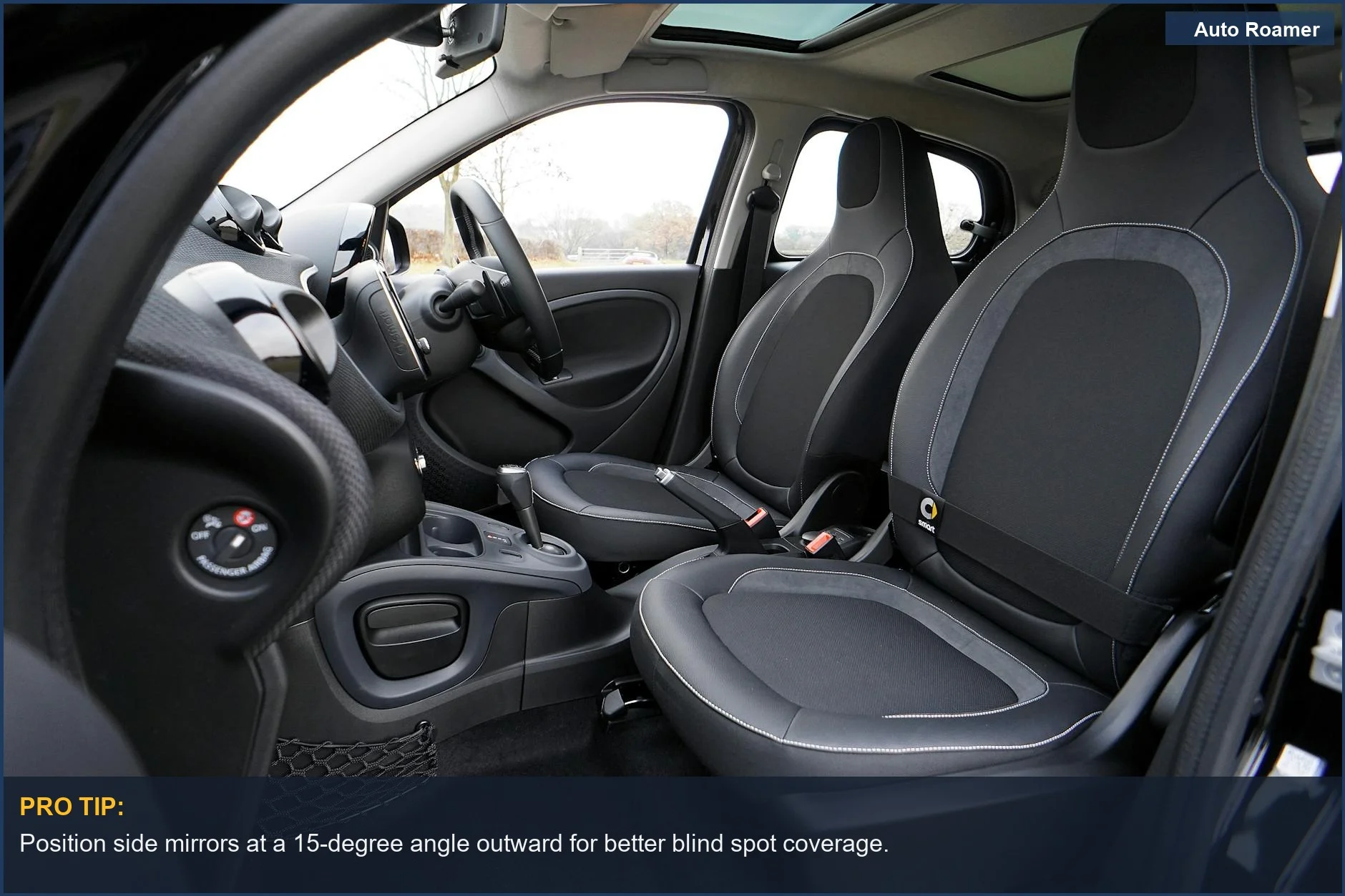 Sleek luxury car cabin with advanced technology and comfortable seating for driving.