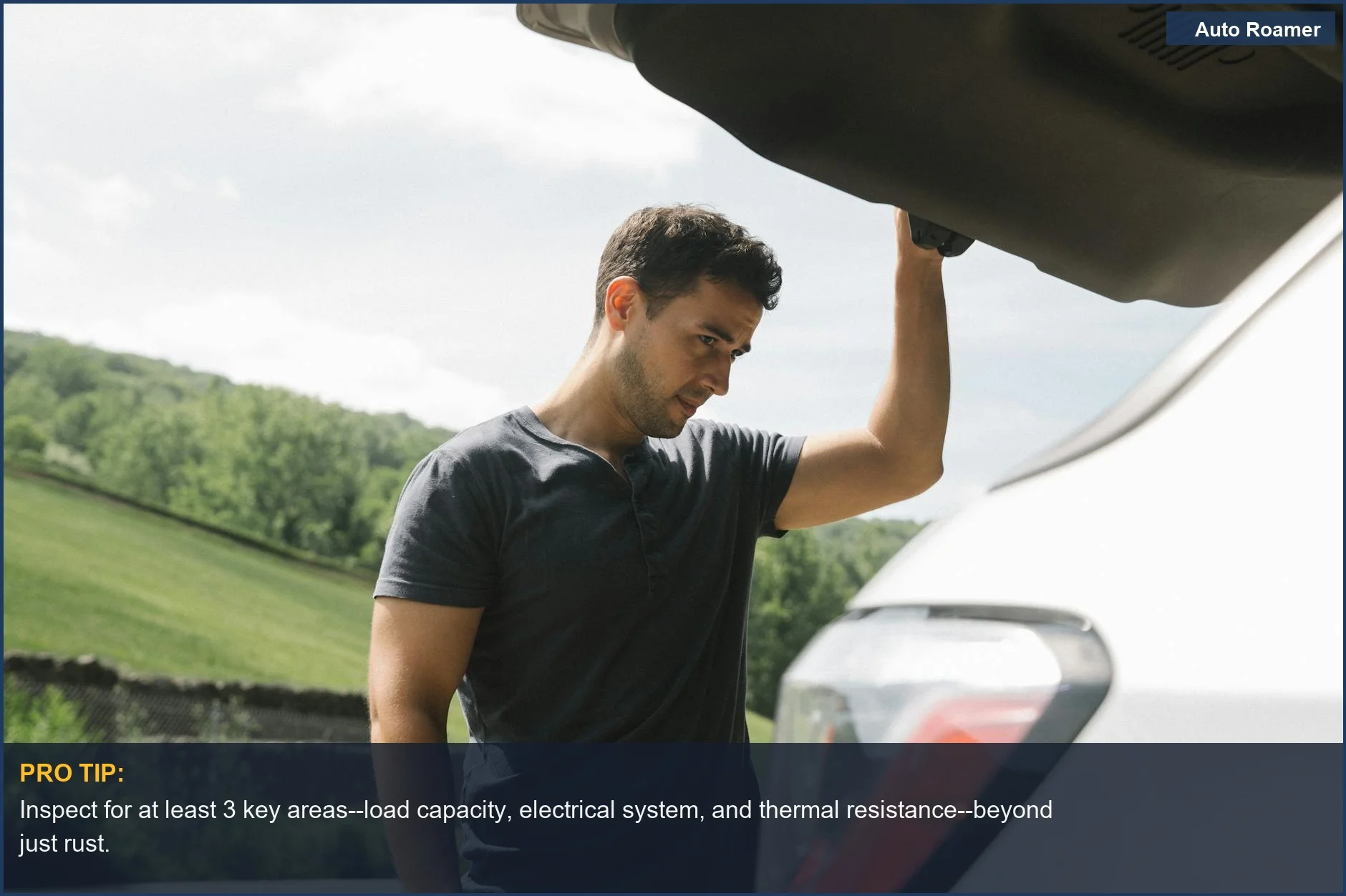 Man inspecting a used car trunk for camping suitability, checking for damage under clear skies.