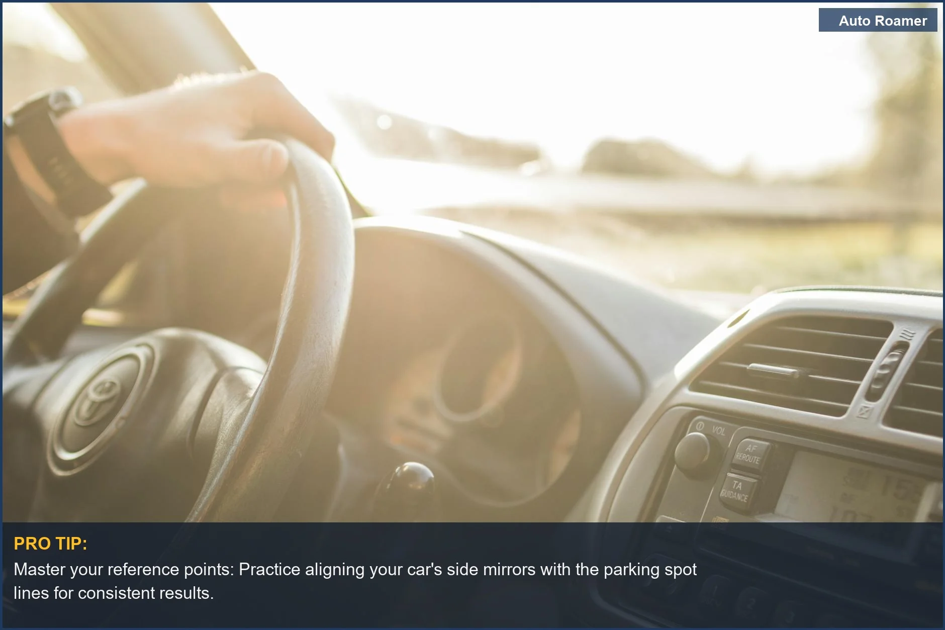 Driver's view inside a car, focusing on the steering wheel, illustrating how to back into a parking spot easily.