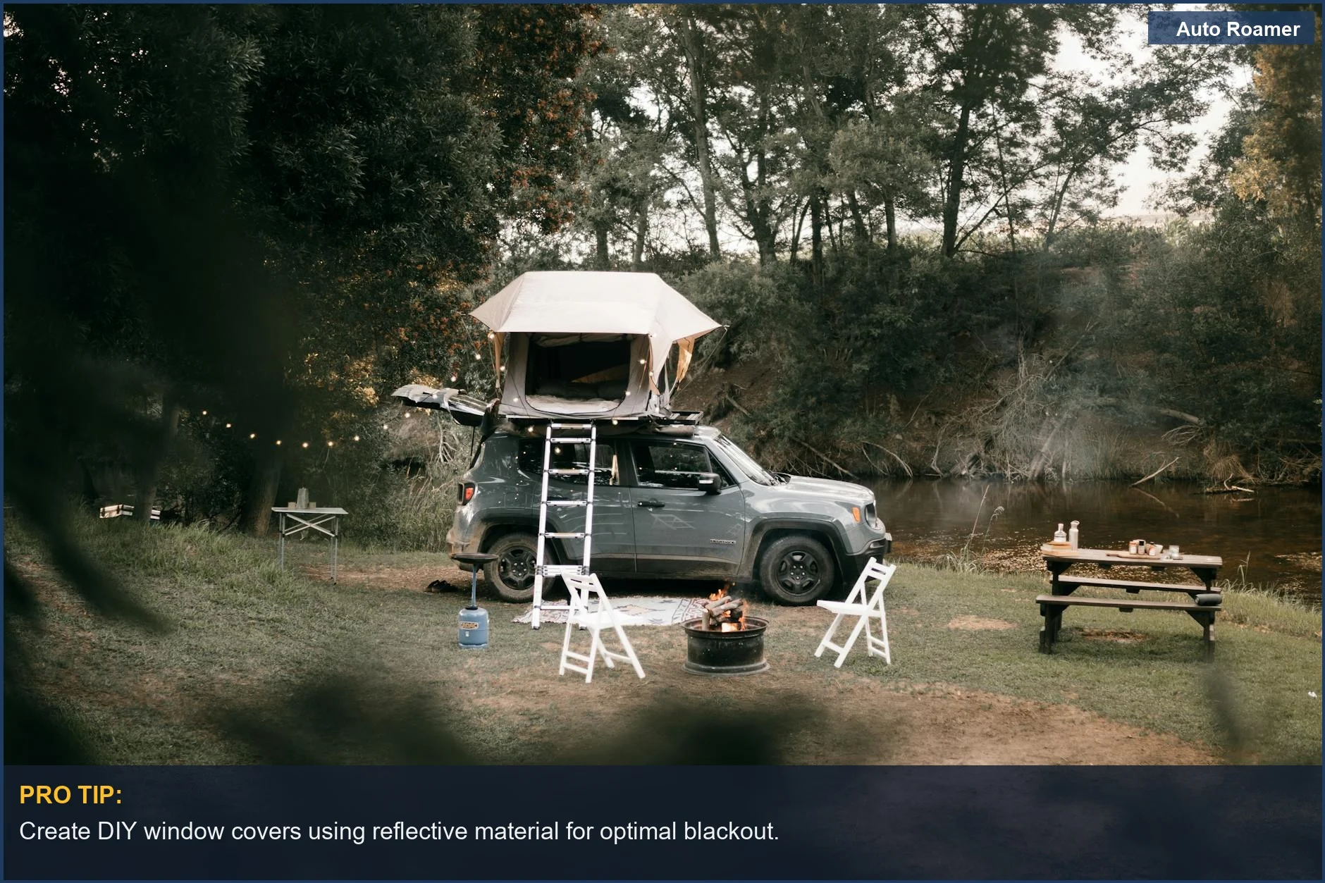 Outdoor camping setup with a car and rooftop tent by the riverbank for sleeping privacy.
