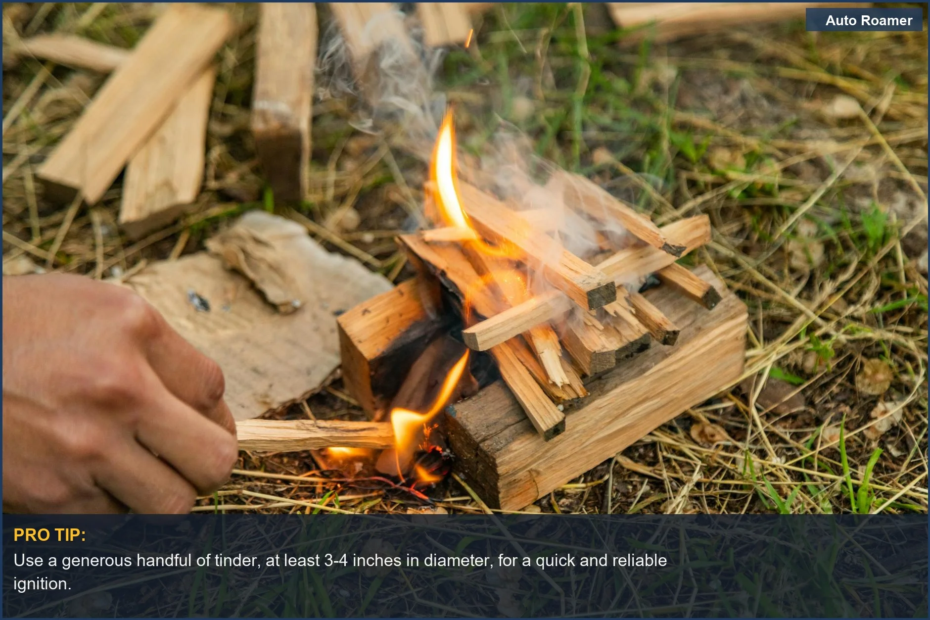 Close-up of dry kindling being lit to start a robust outdoor campfire building process.