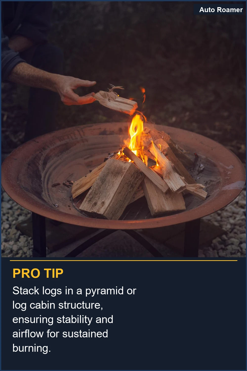 Stack logs in a pyramid or log cabin structure, ensuring stability and airflow for sustained burning.