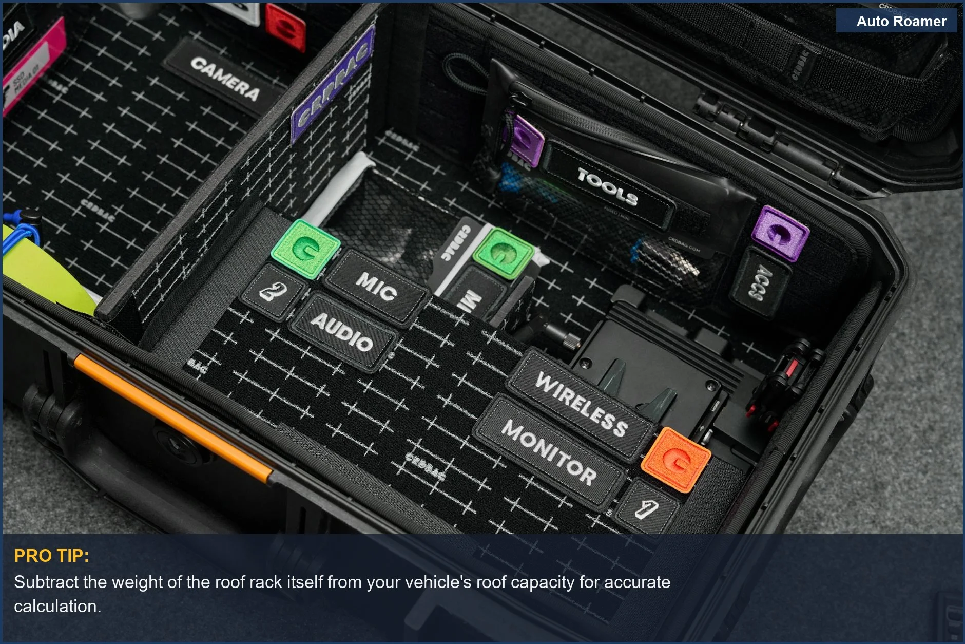 Estuche rígido organizado con cámara y equipo de audio para el cálculo de la capacidad de carga.