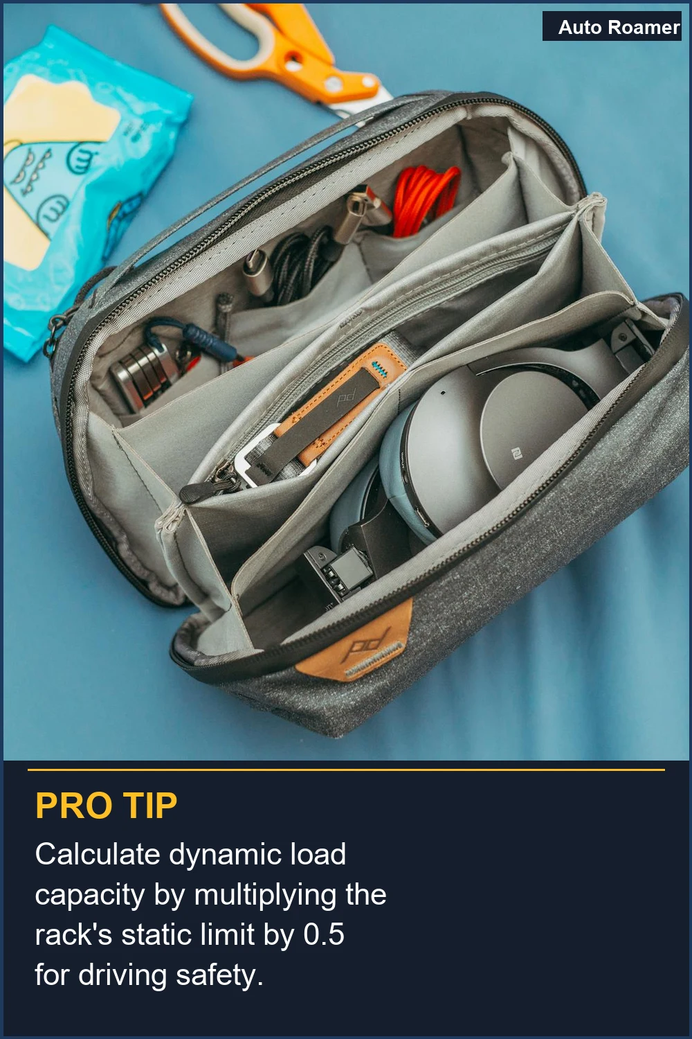 Calcula la capacidad de carga dinámica multiplicando el límite estático de la baca por 0.5 para seguridad al conducir.