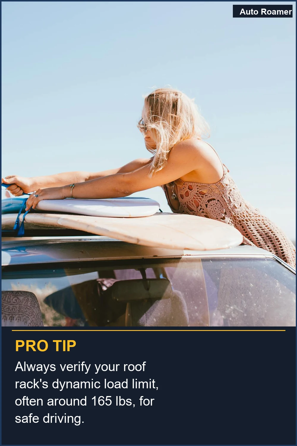 Verifica siempre el límite de carga dinámica de tu baca, a menudo alrededor de 165 libras, para una conducción segura.