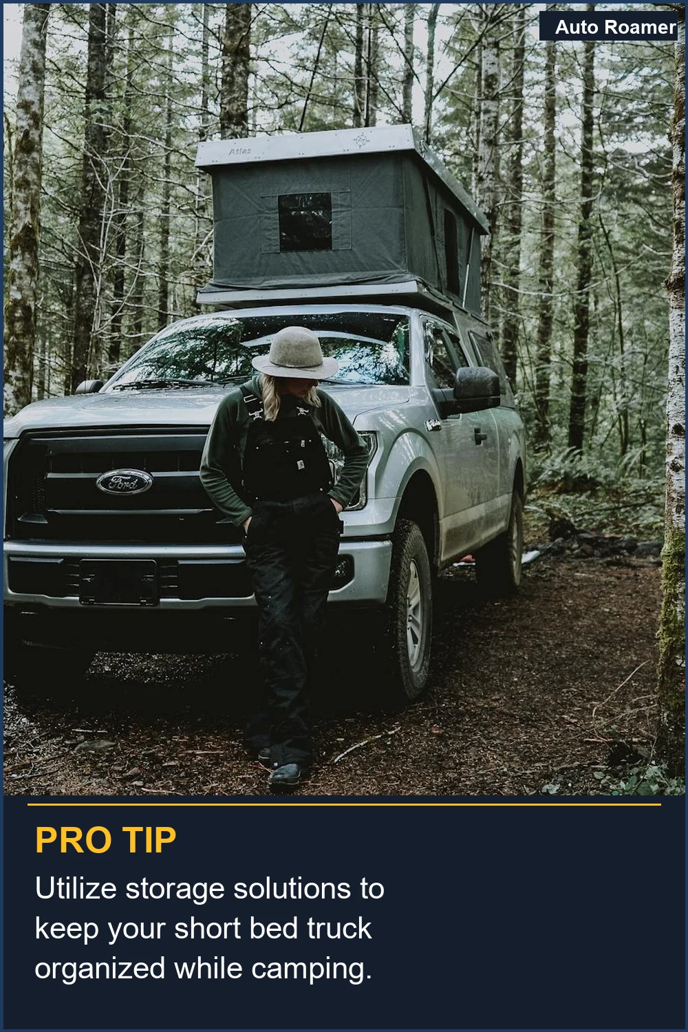 Utilize storage solutions to keep your short bed truck organized while camping.