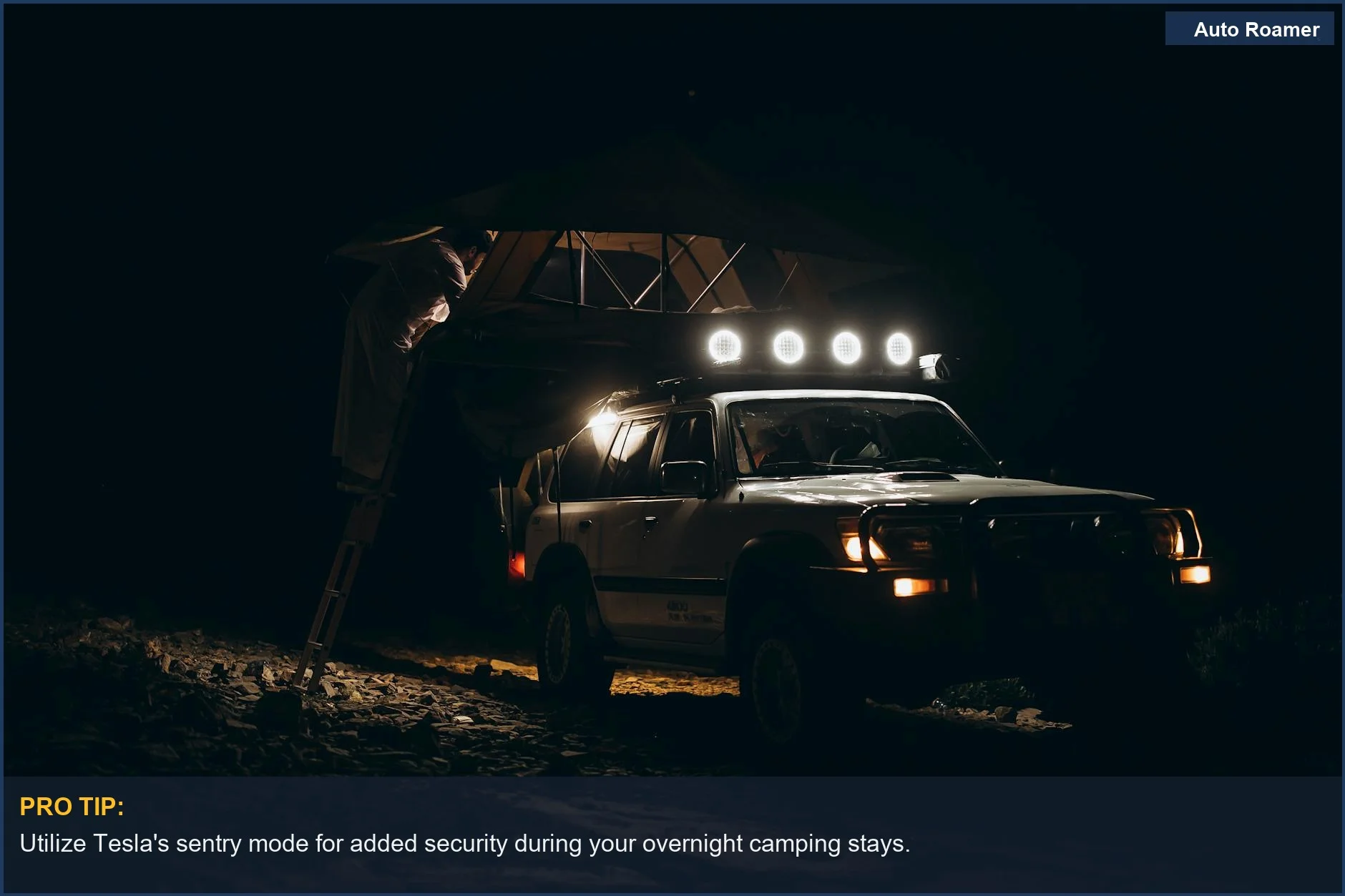 Cozy Tesla camping setup under the stars in a scenic national park, showcasing electric vehicle travel.