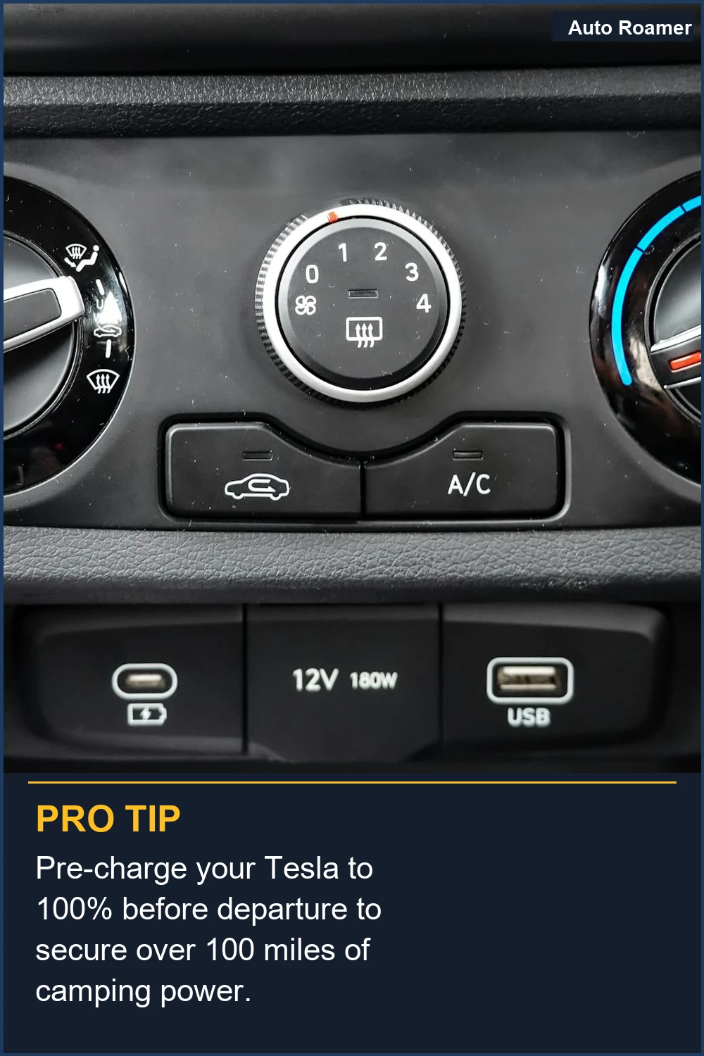 Pre-charge your Tesla to 100% before departure to secure over 100 miles of camping power.