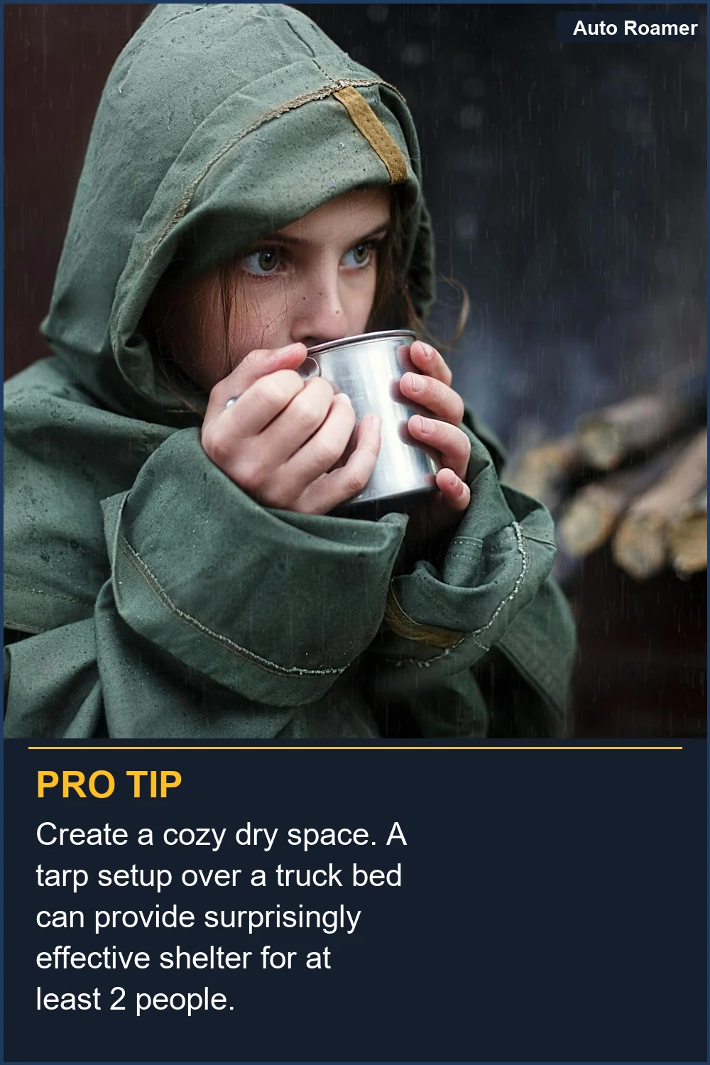 Crea un espacio seco y acogedor. Una configuración de lona sobre la caja de un camión puede proporcionar un refugio sorprendentemente efectivo para al menos 2 personas.