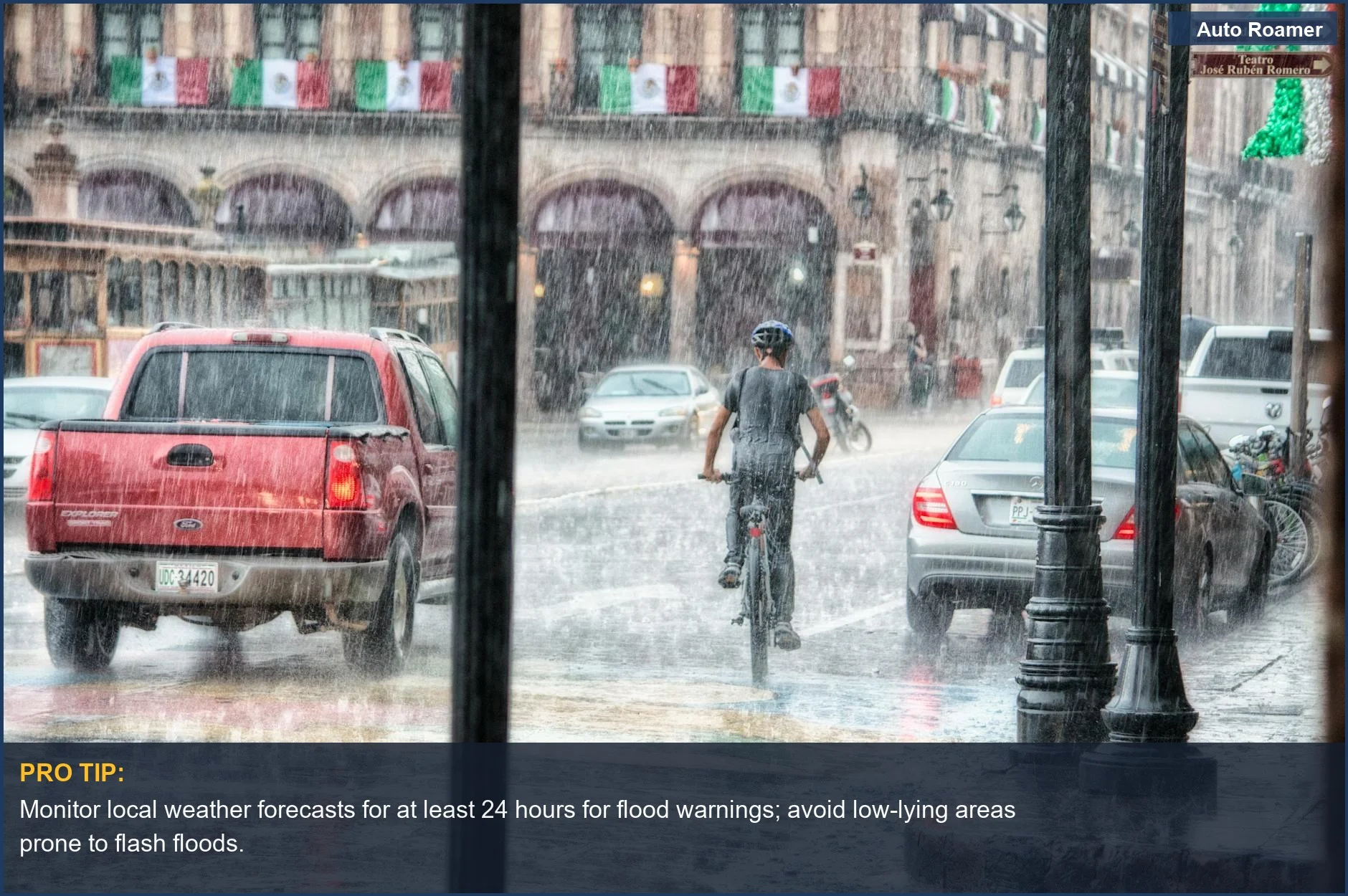 Consider important safety aspects for how to car camp dry in rain, showing a cyclist in heavy rain in an urban street.