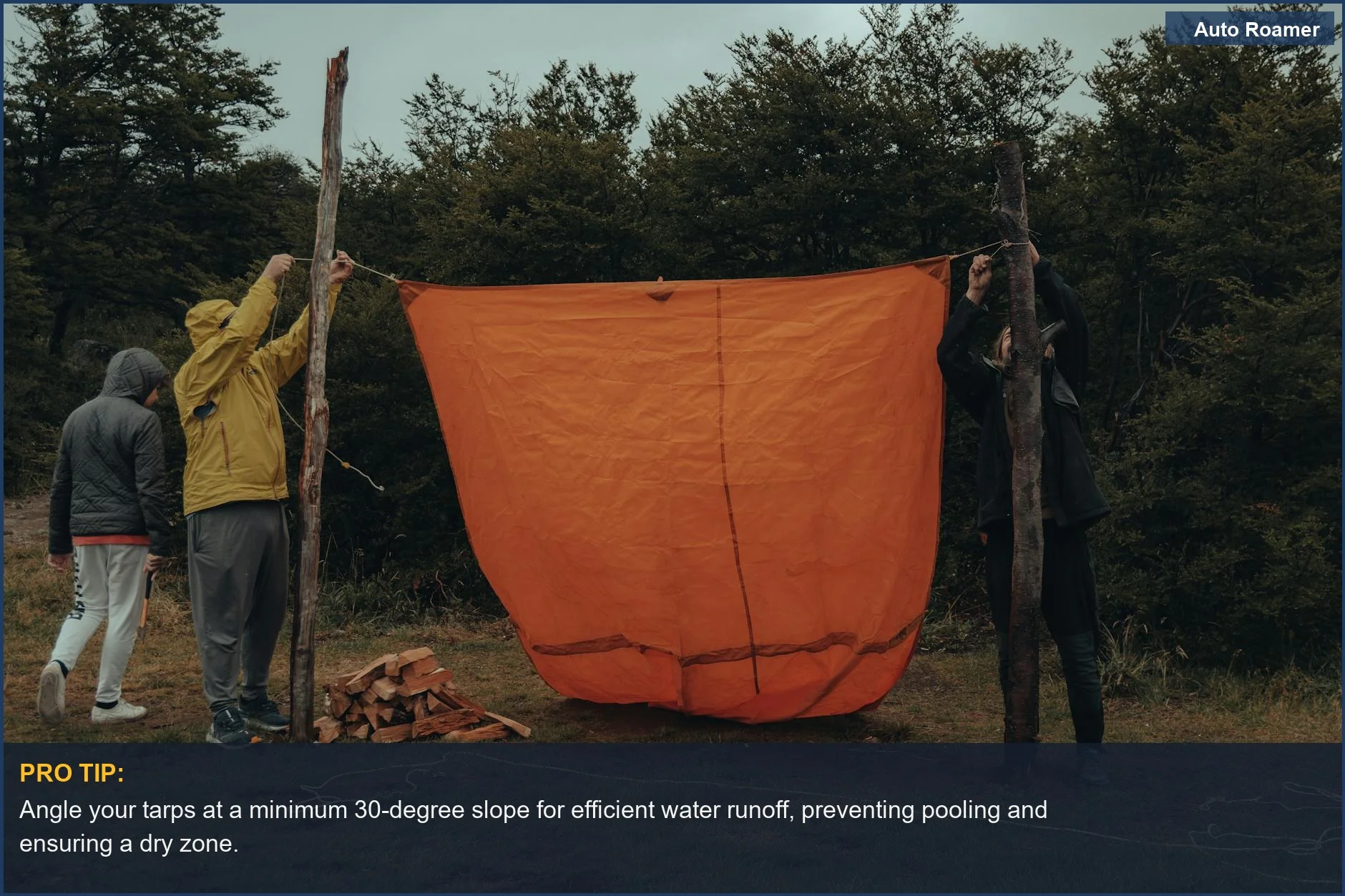 Learn effective ways to stay dry car camping rain, as people skillfully set up a vibrant orange tarp in a lush forested campsite.