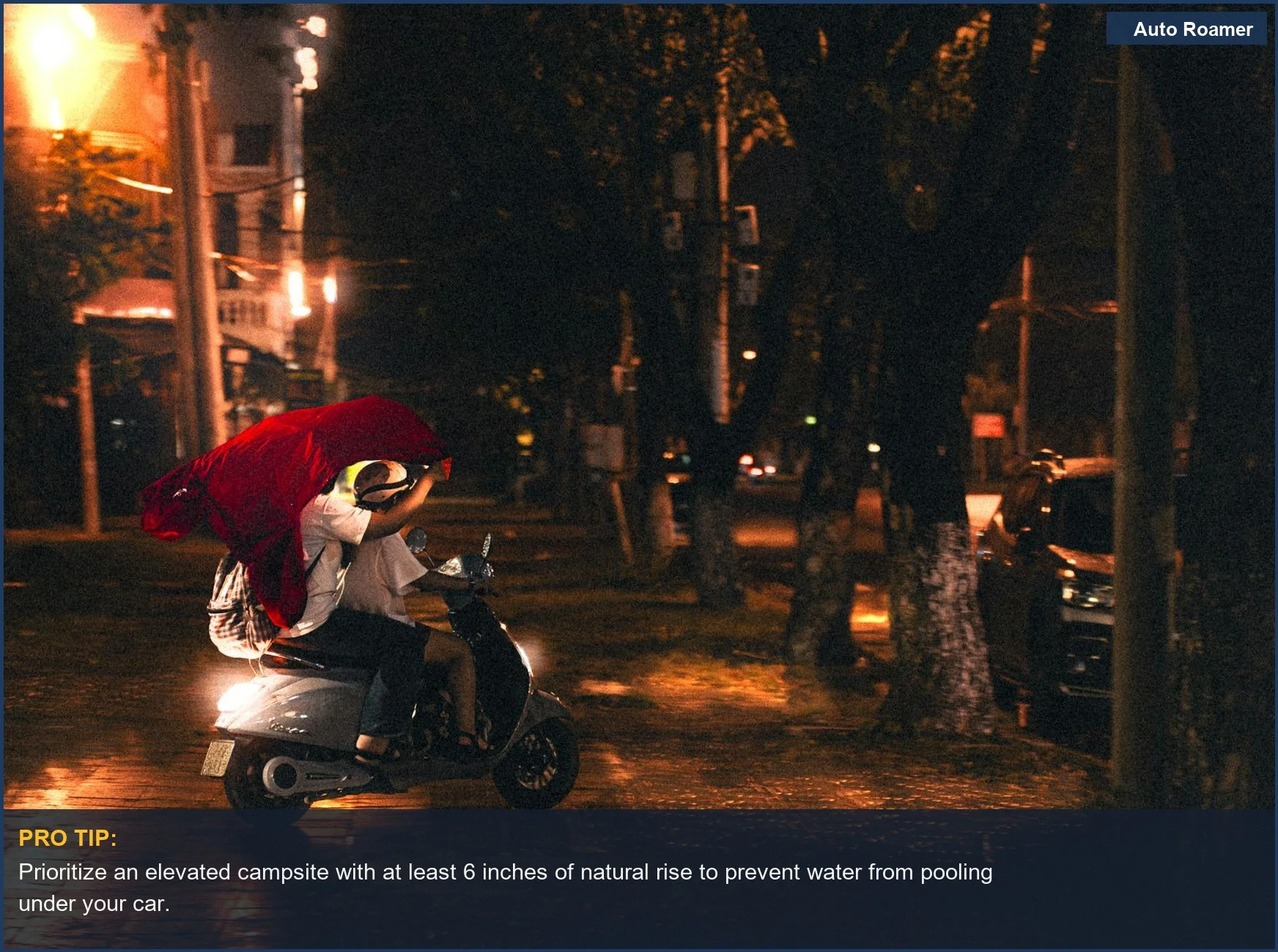 Observe how to prevent getting wet car camping, with people on a scooter in the rain, shielded by a red tarp.