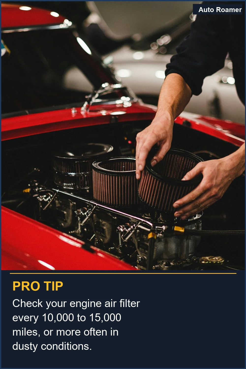Check your engine air filter every 10,000 to 15,000 miles, or more often in dusty conditions.