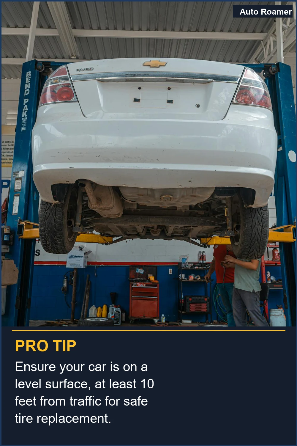 Ensure your car is on a level surface, at least 10 feet from traffic for safe tire replacement.