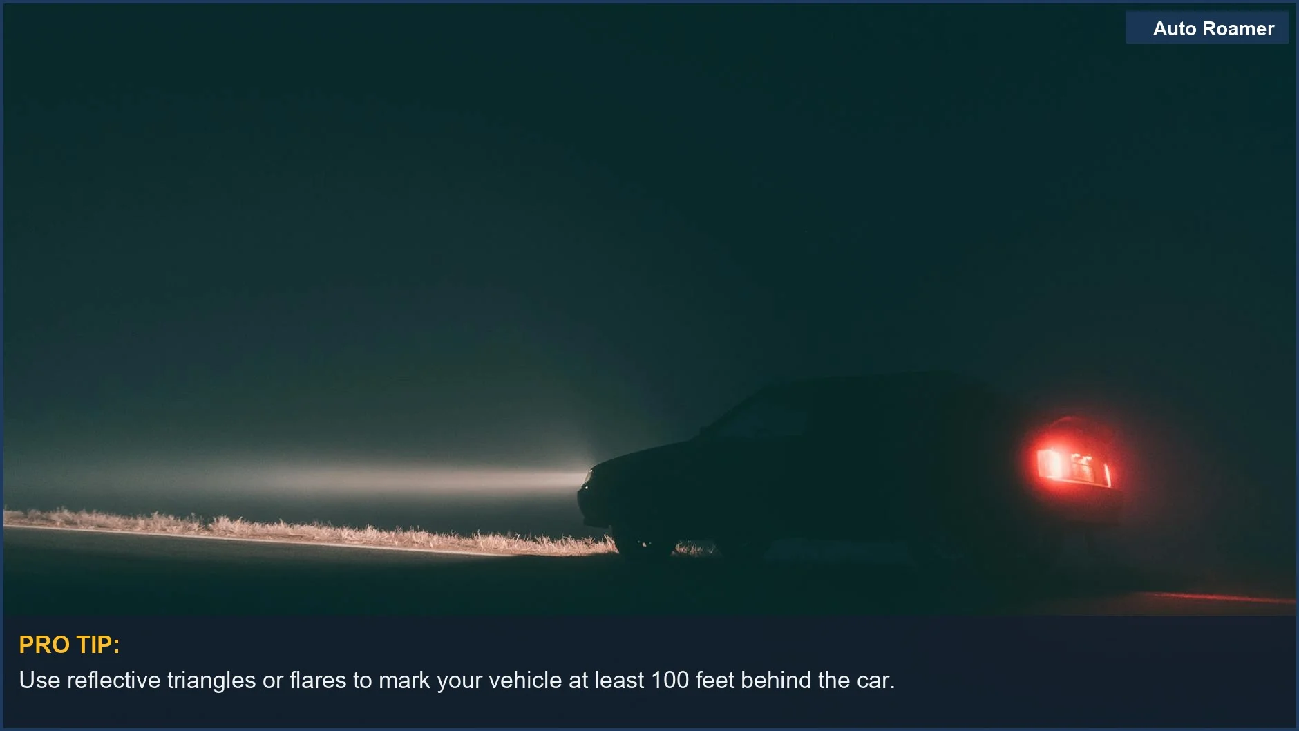 Dramatic silhouette of a car on a dark, foggy road at night with piercing headlights.