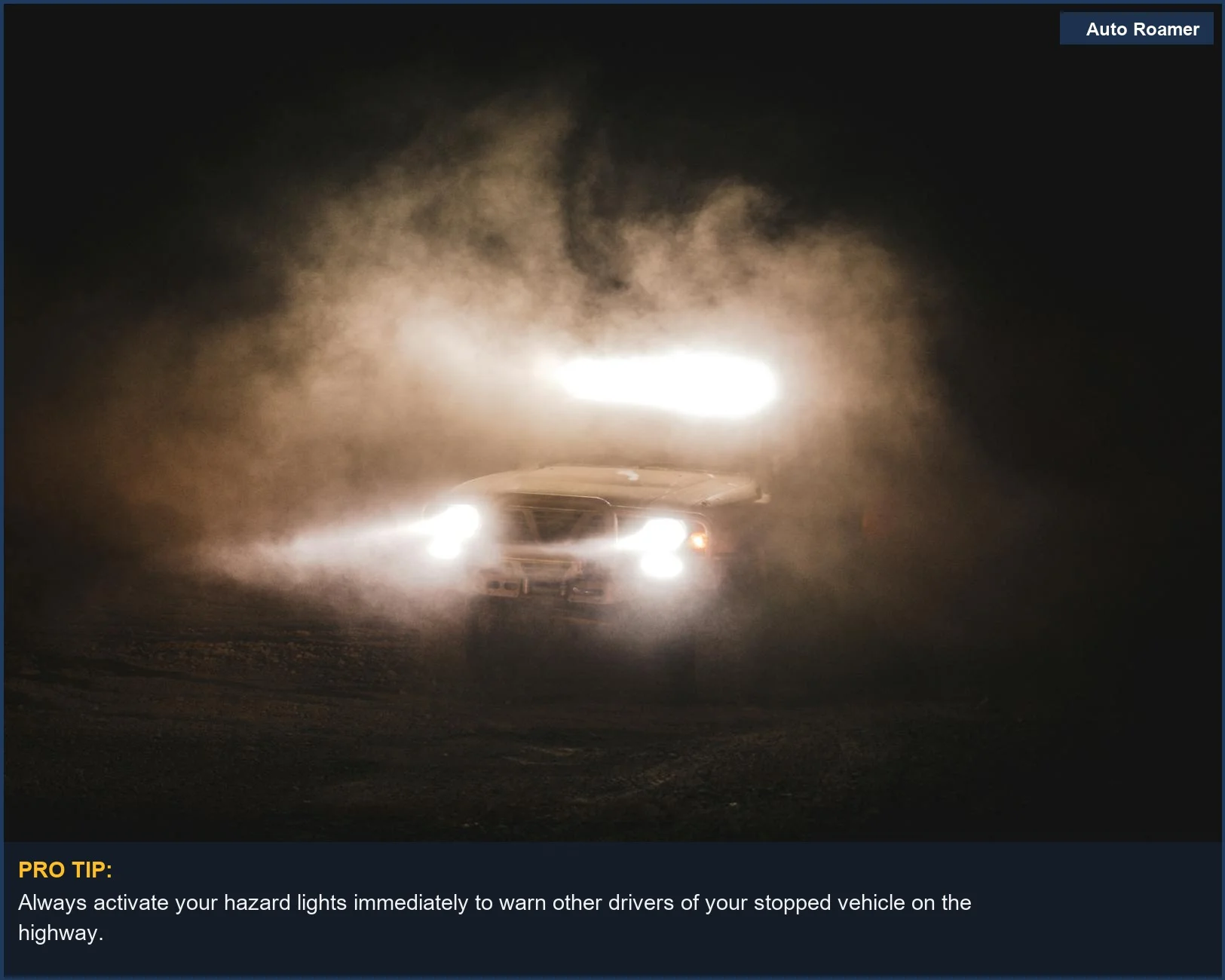 Car headlights illuminate a foggy road at night, highlighting a potential hazard for drivers.