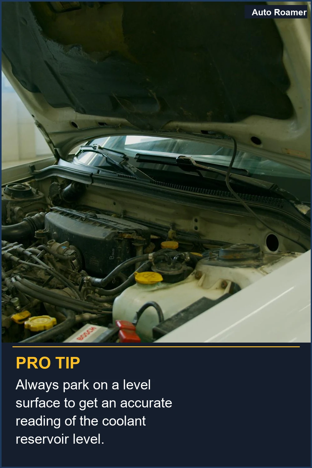 Always park on a level surface to get an accurate reading of the coolant reservoir level.