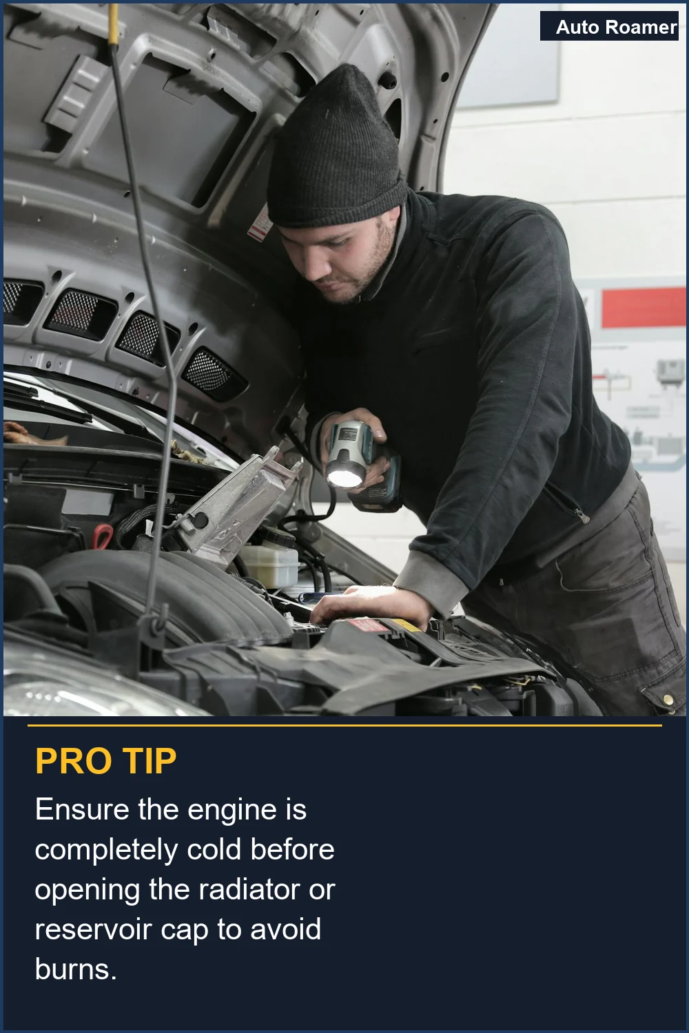 Ensure the engine is completely cold before opening the radiator or reservoir cap to avoid burns.