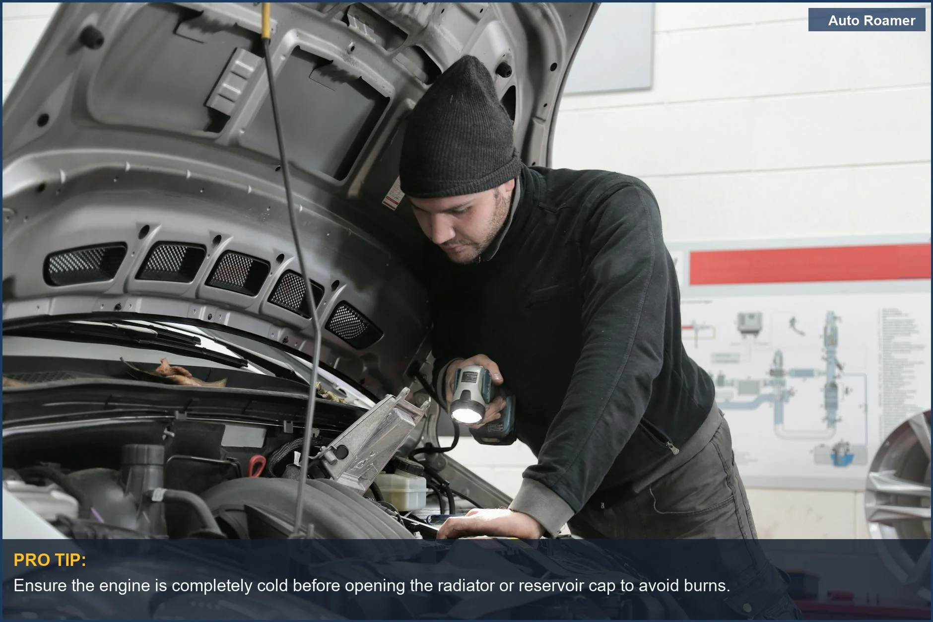 Mechanic inspects a car engine with a flashlight, performing crucial car maintenance to check coolant levels.