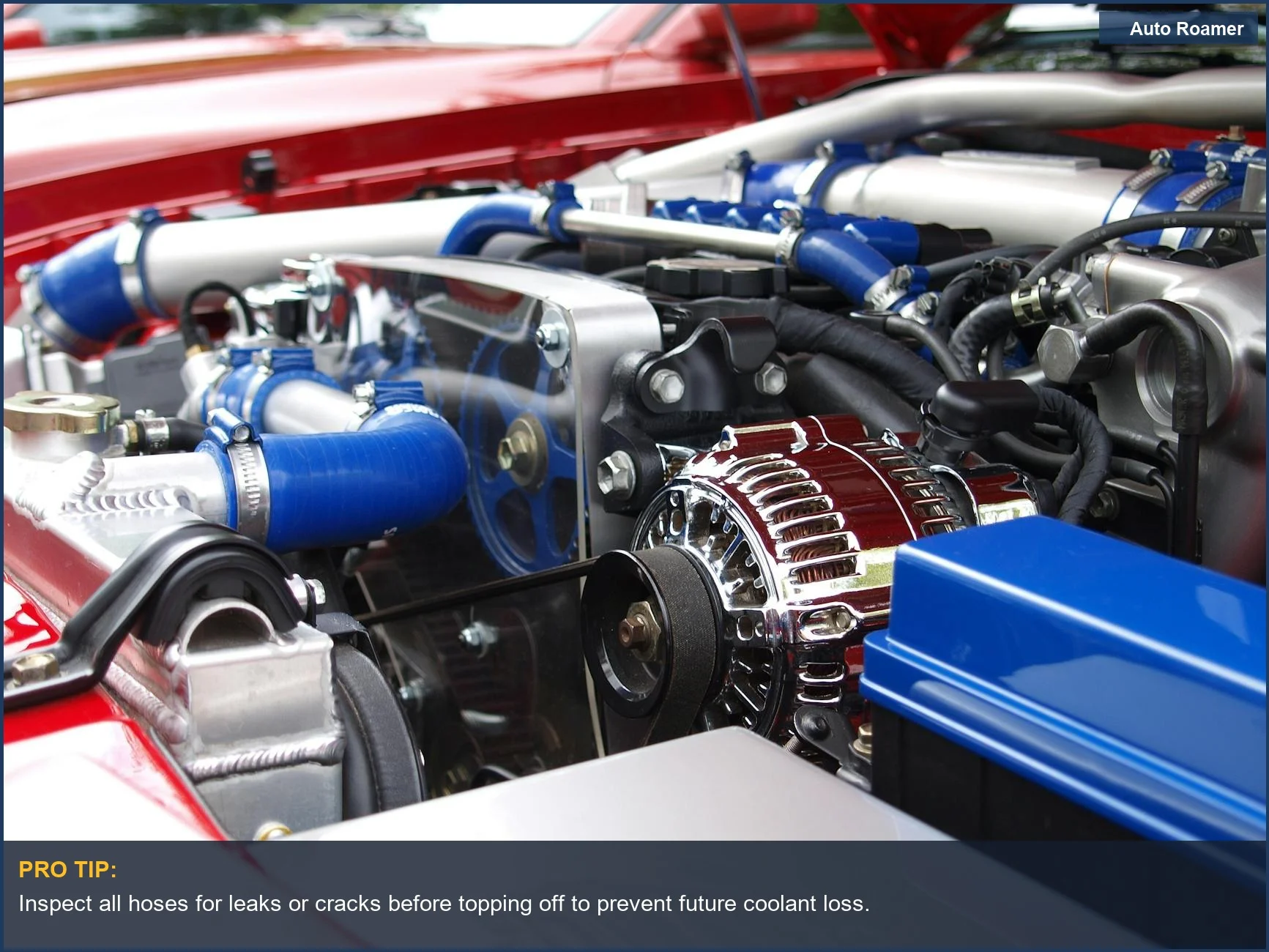 Modern car engine bay with colorful coolant hoses, essential for checking and topping off your car's coolant.
